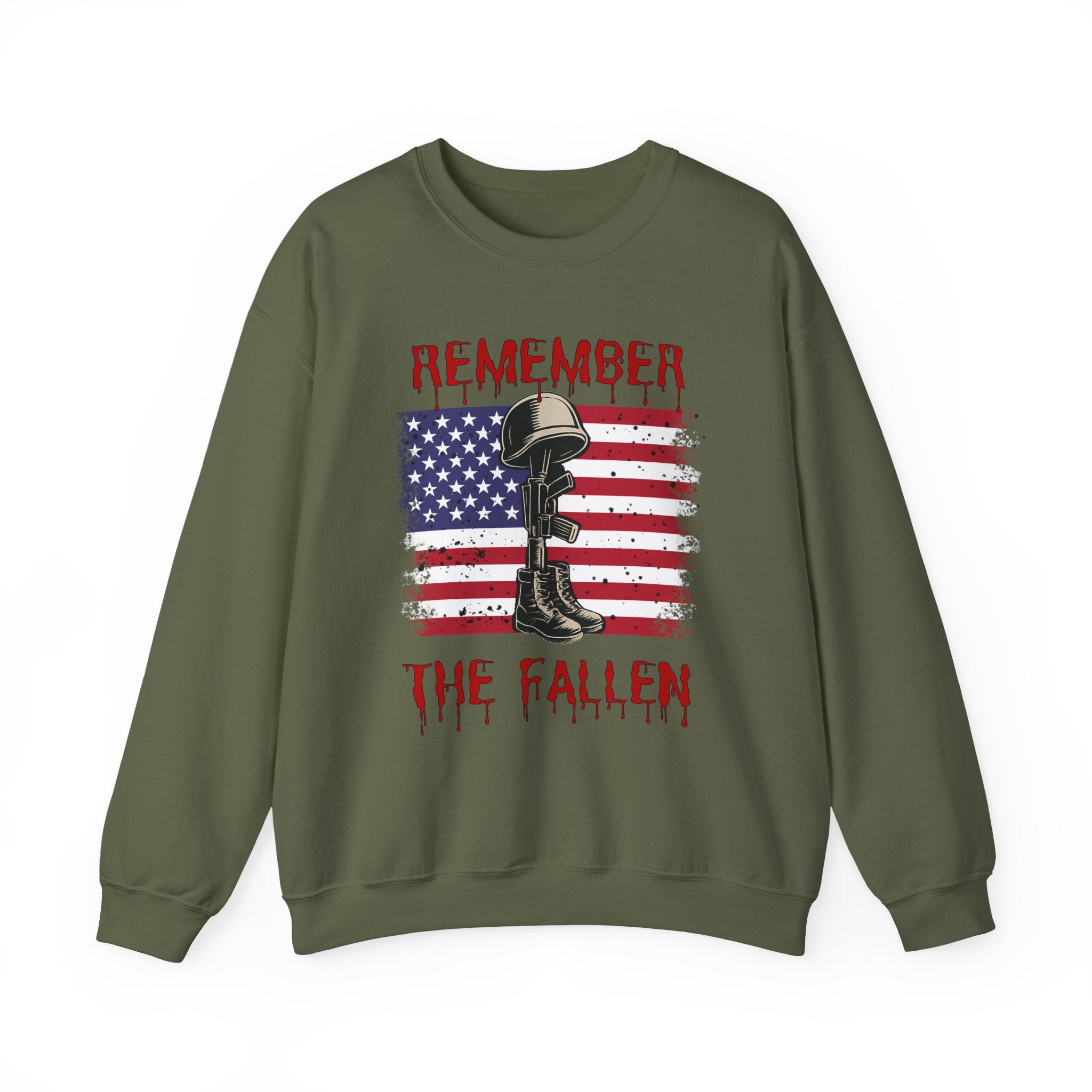 Military green sweatshirt with American flag, helmet, and boot graphic and 'Remember the Fallen' text on a white background.