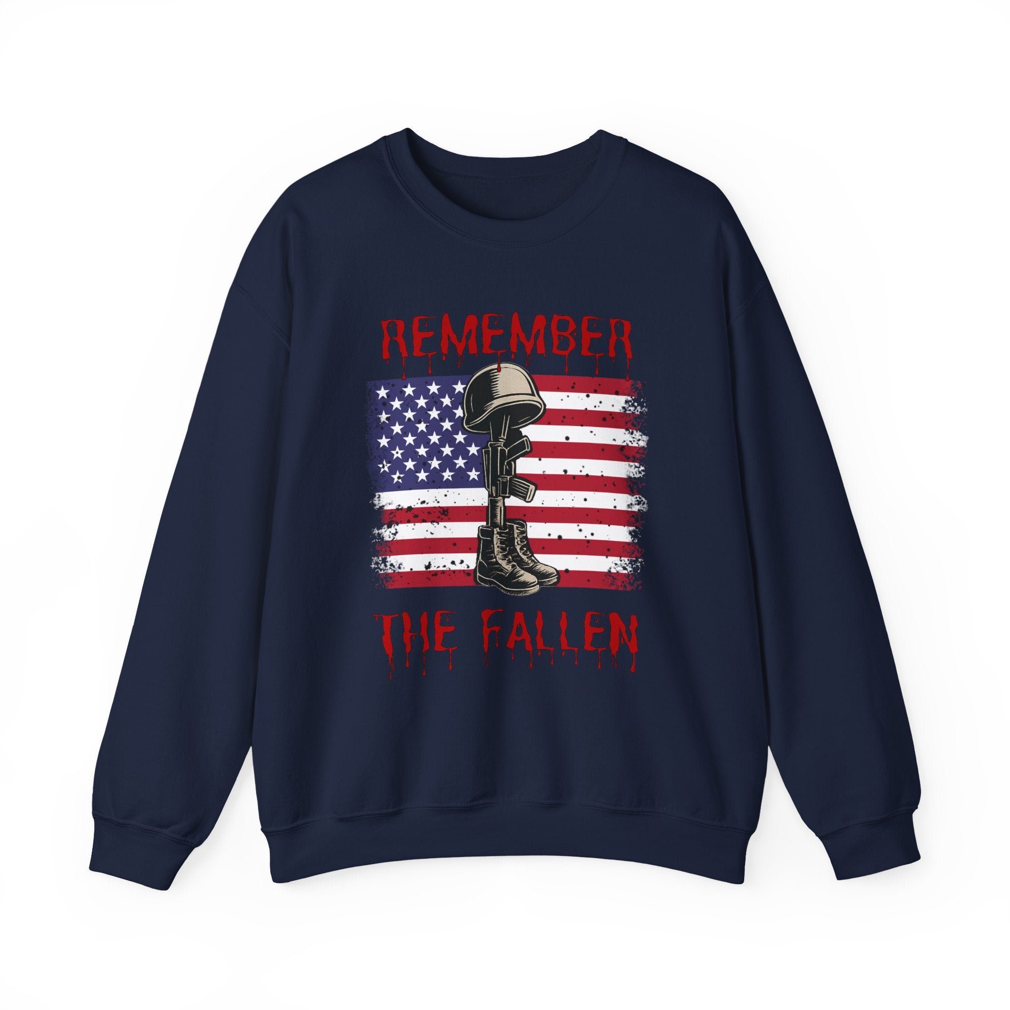 Navy blue sweatshirt with American flag and military-themed design on a white background