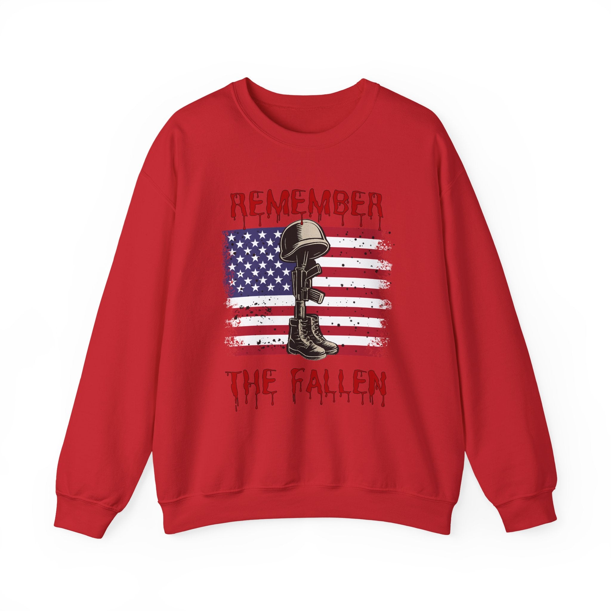 Red sweatshirt with American flag, helmet, and boots graphic and 'Remember the Fallen' text on a white background.