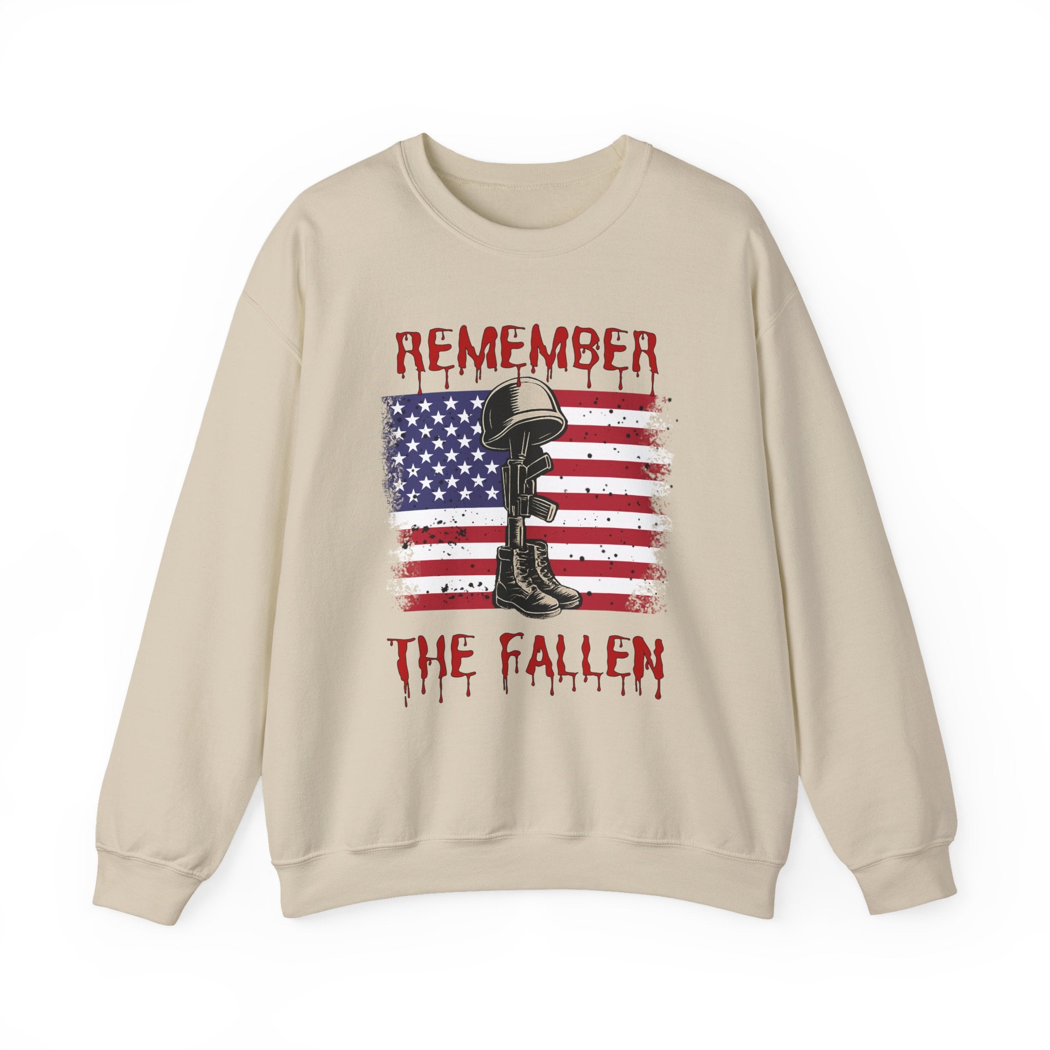 Beige sweatshirt with American flag and boot graphic on a white background