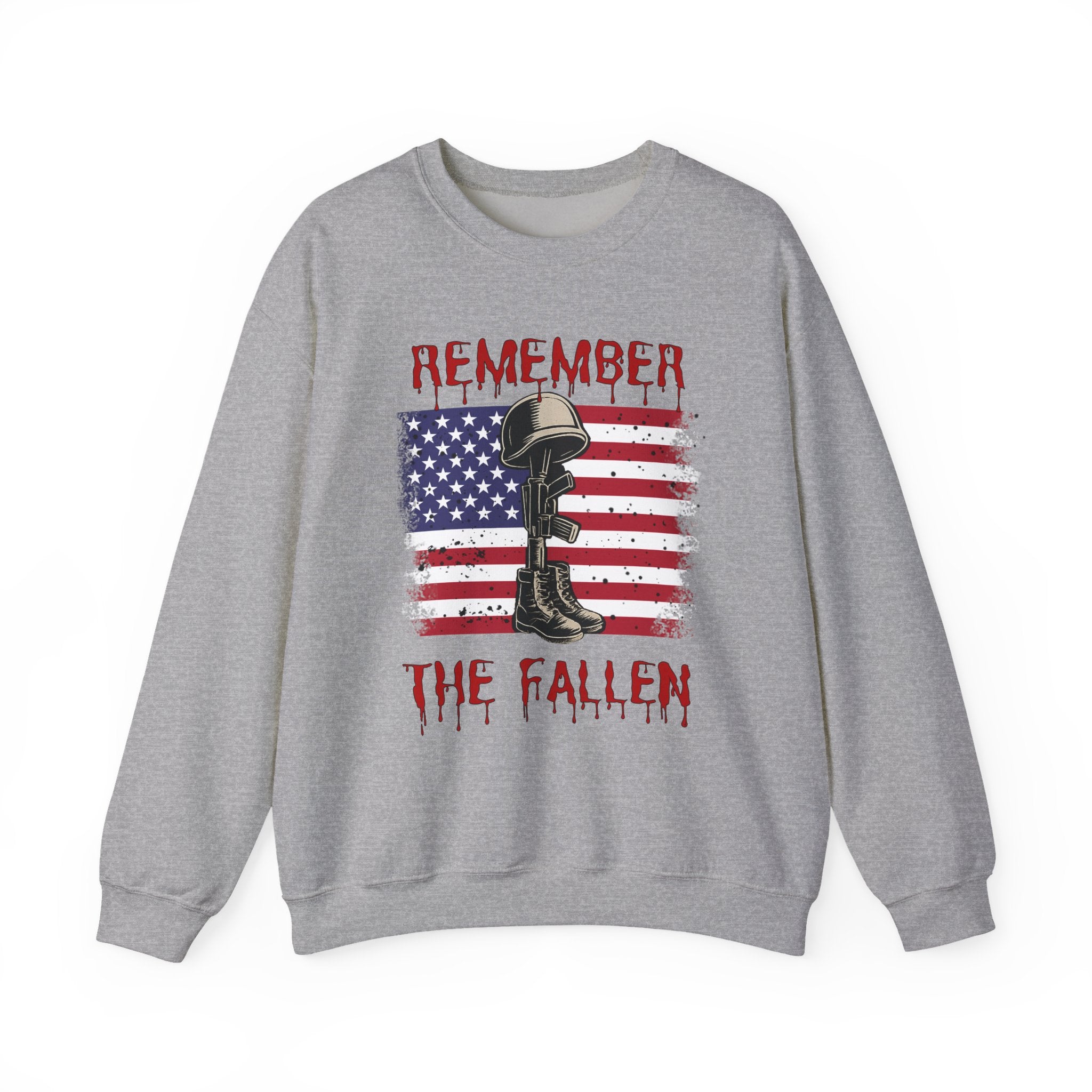 Gray sweatshirt with American flag and boot graphic, text 'Remember The Fallen' on a white background