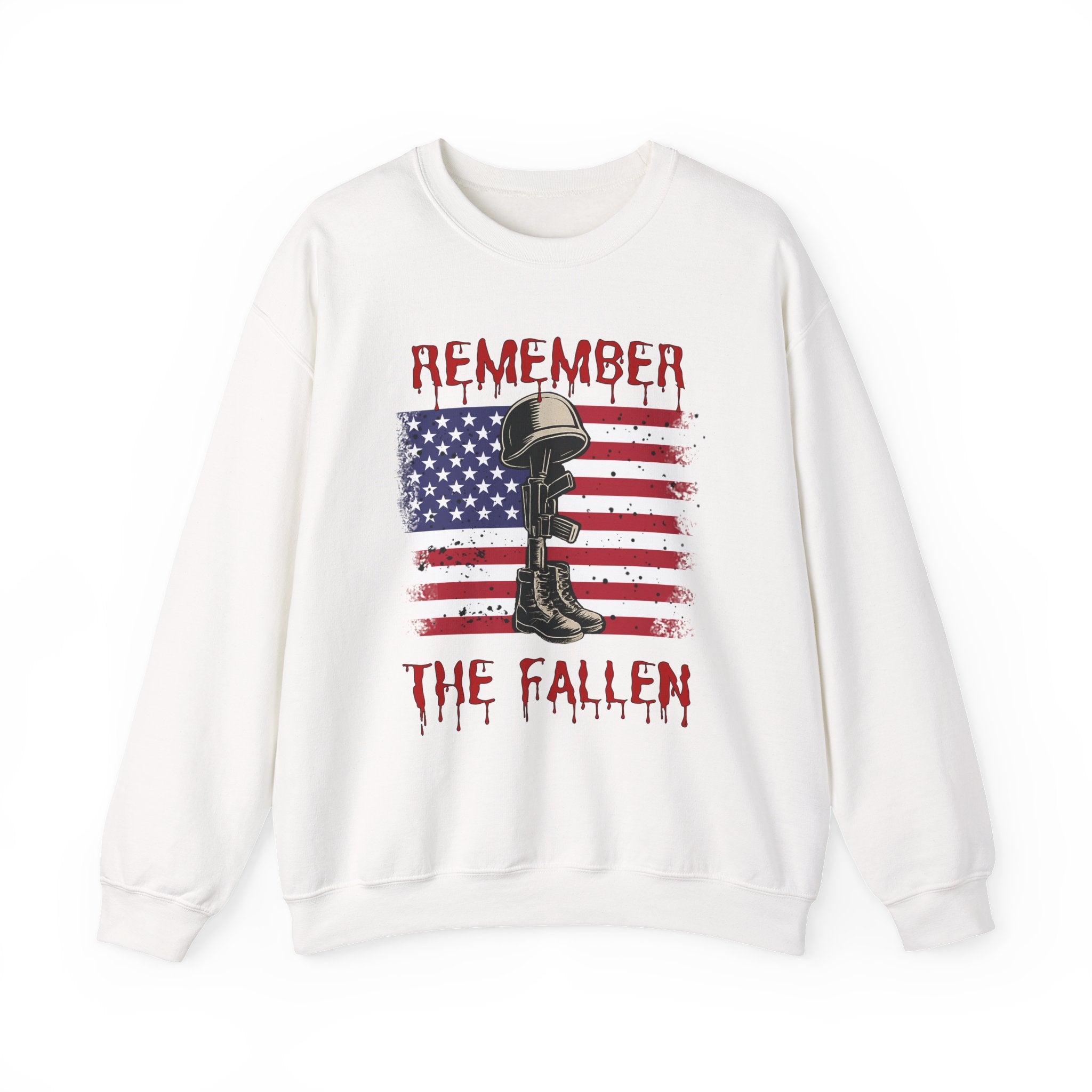 White sweatshirt with American flag and helmet graphic, featuring 'Remember The Fallen' text.