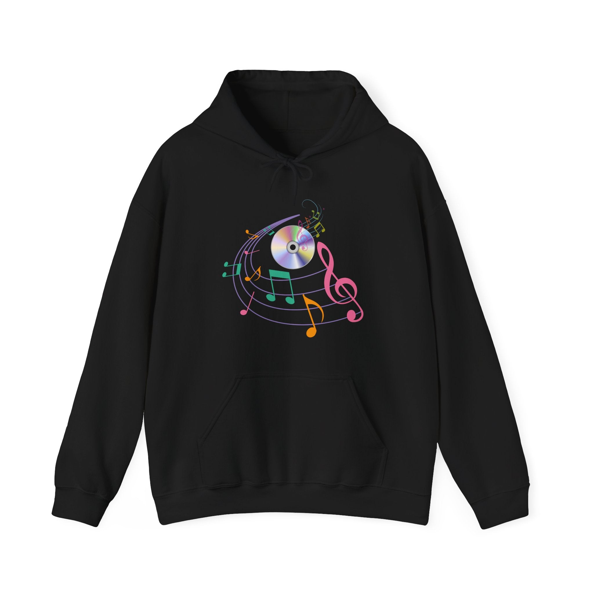 Black hoodie with colorful music note design on a white background