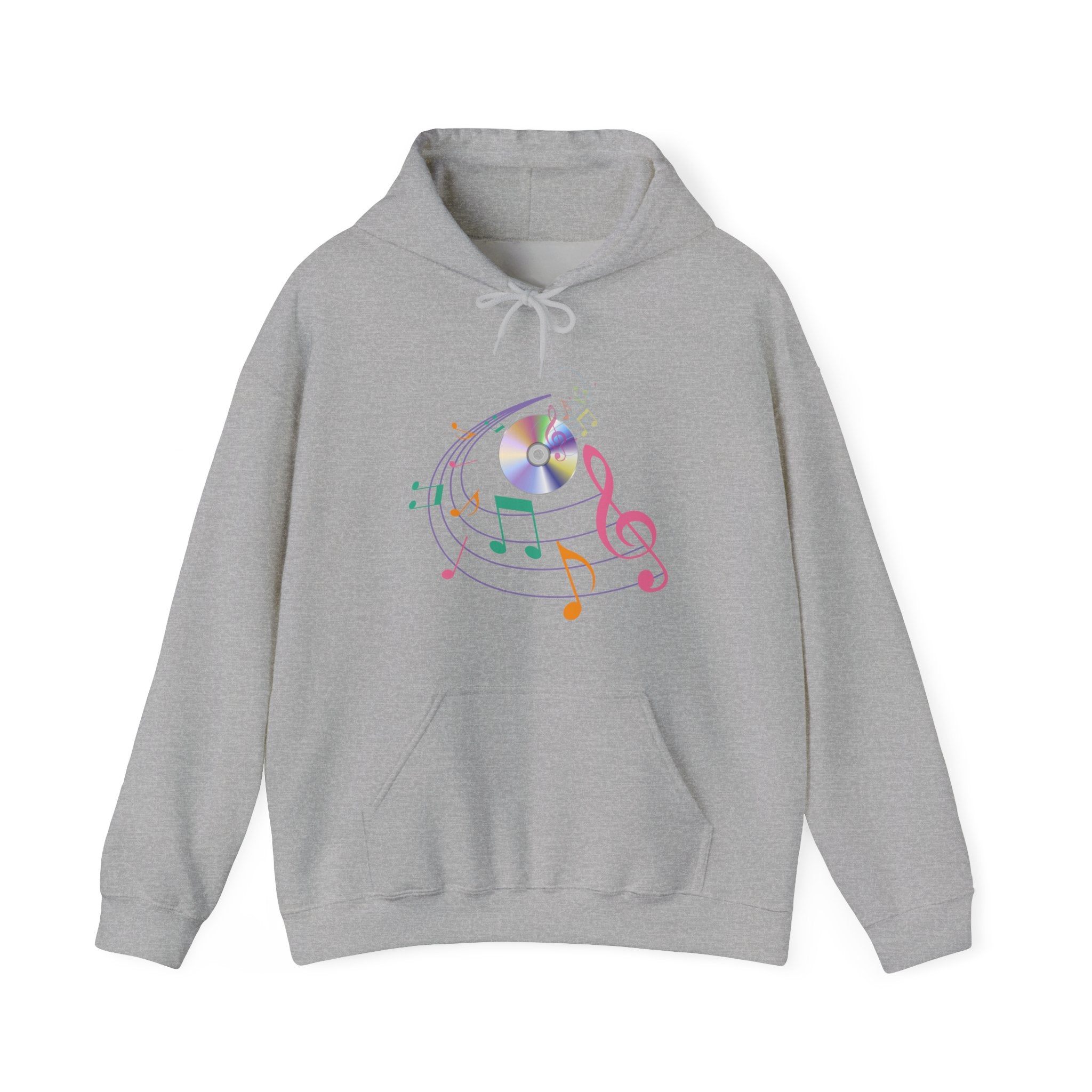 Gray hoodie with colorful music note design on a white background