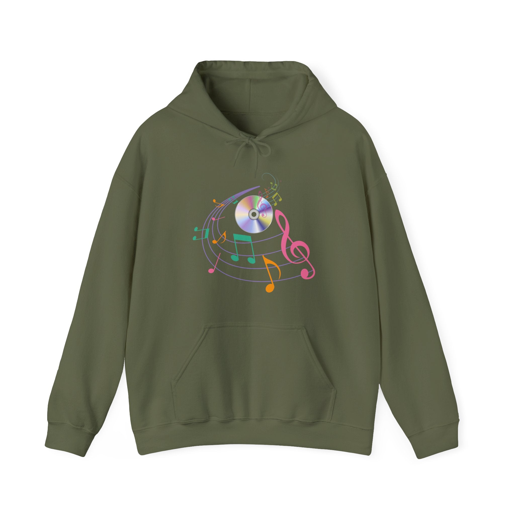 Military green hoodie with musical note design on a white background