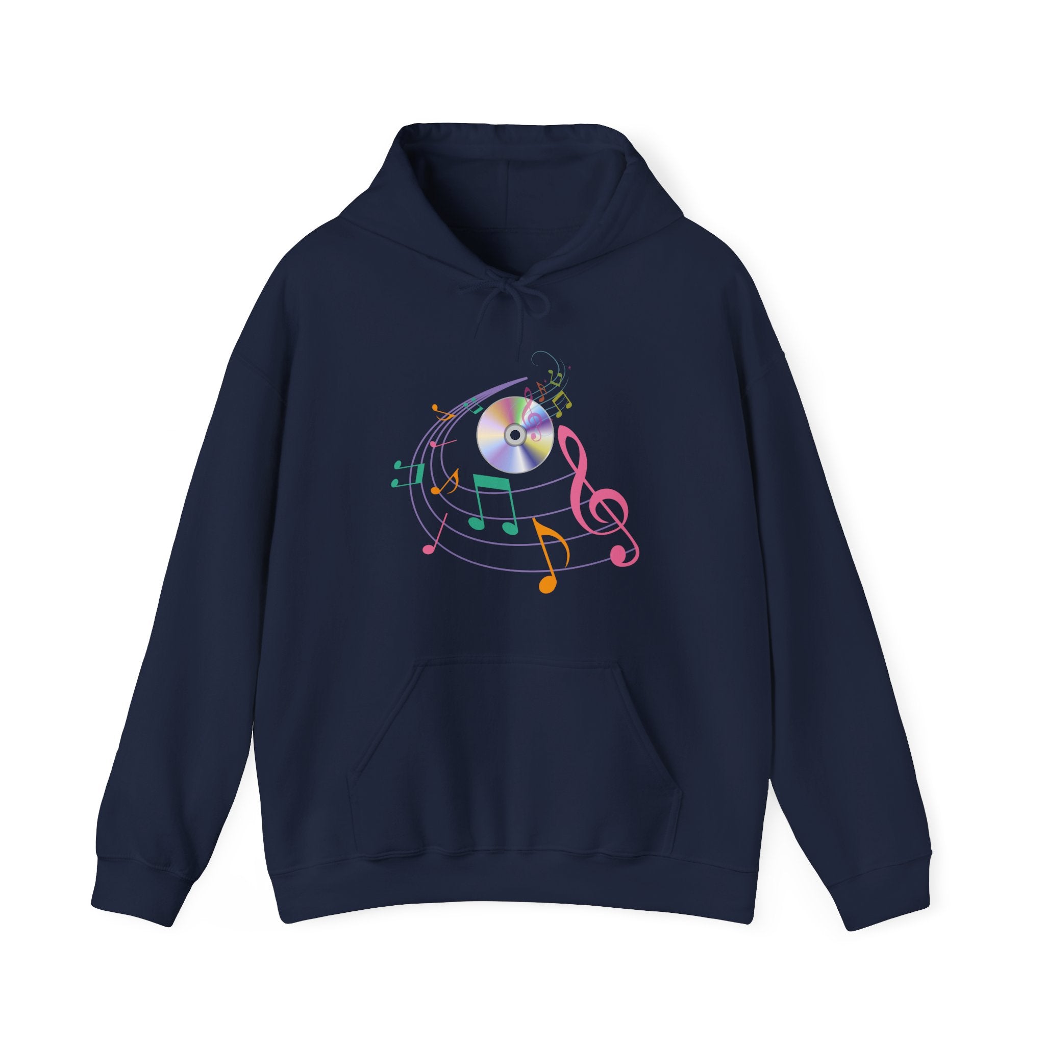 Navy blue hoodie with colorful music notes and a CD on a white background