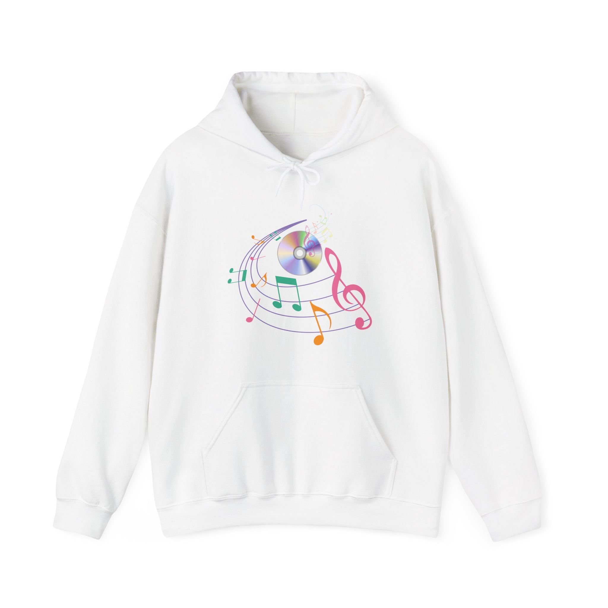 White hoodie with colorful music-themed design on a white background