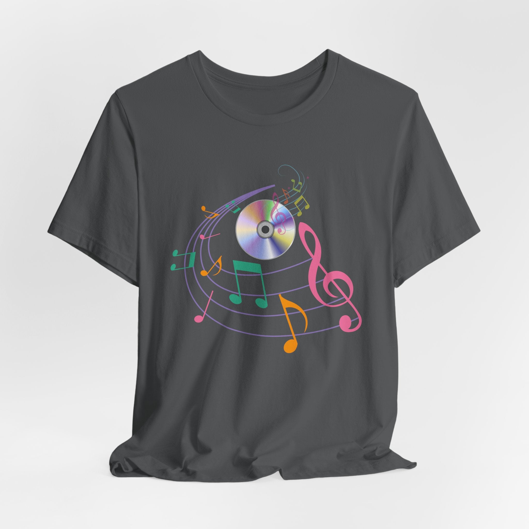 Asphalt gray t-shirt with CD and colorful music note design on a white background
