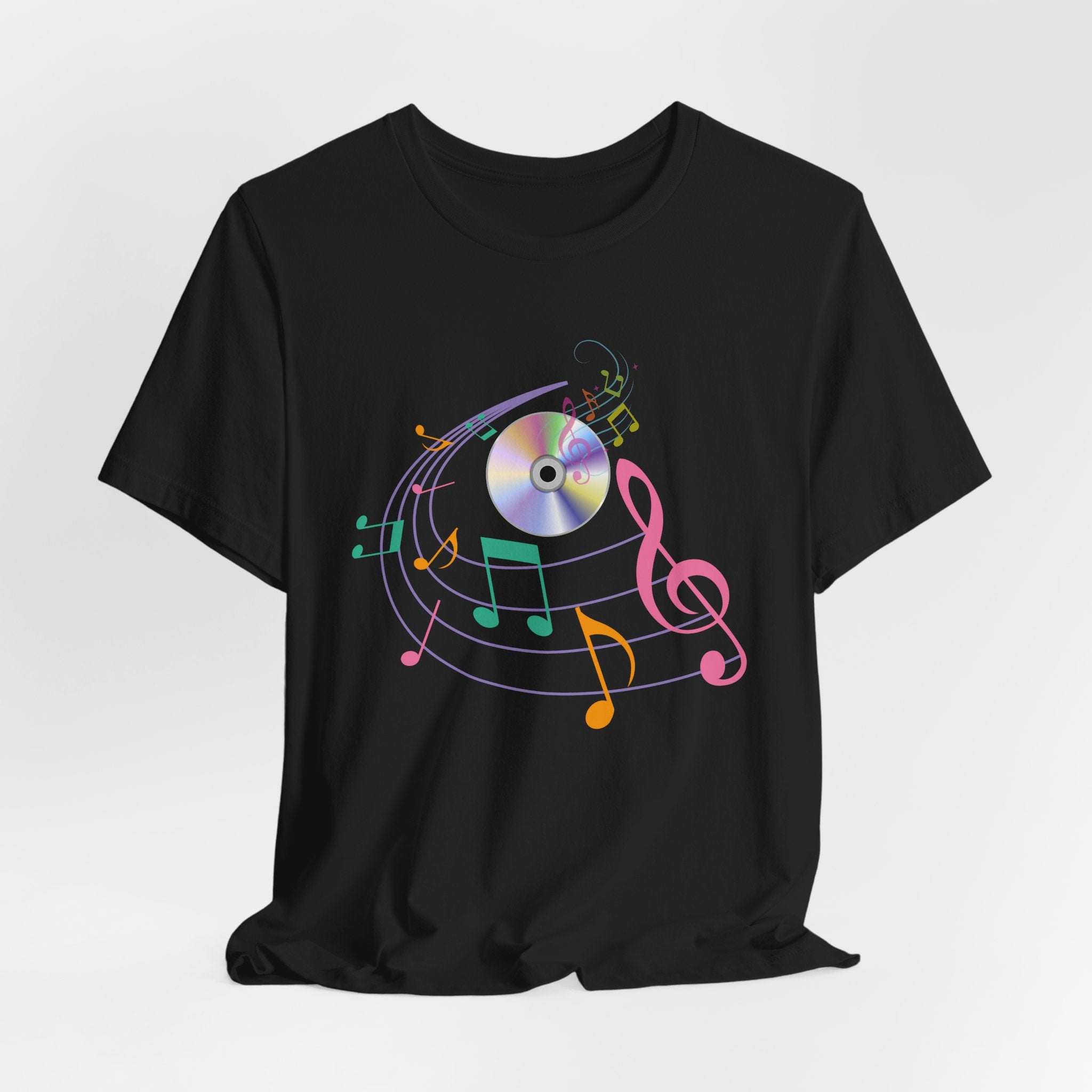 Black t-shirt with CD and colorful music note design on a white background