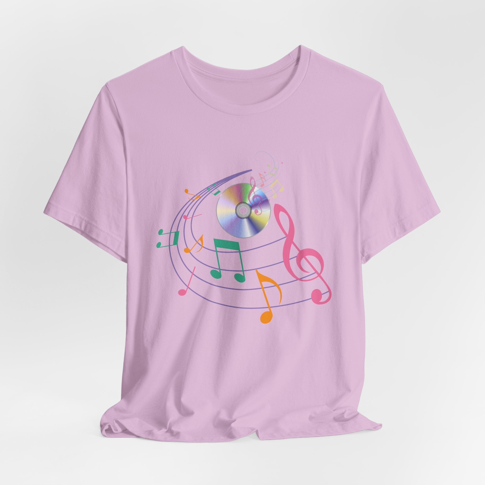 Lilac pink t-shirt with CD and colorful music note design on a white background