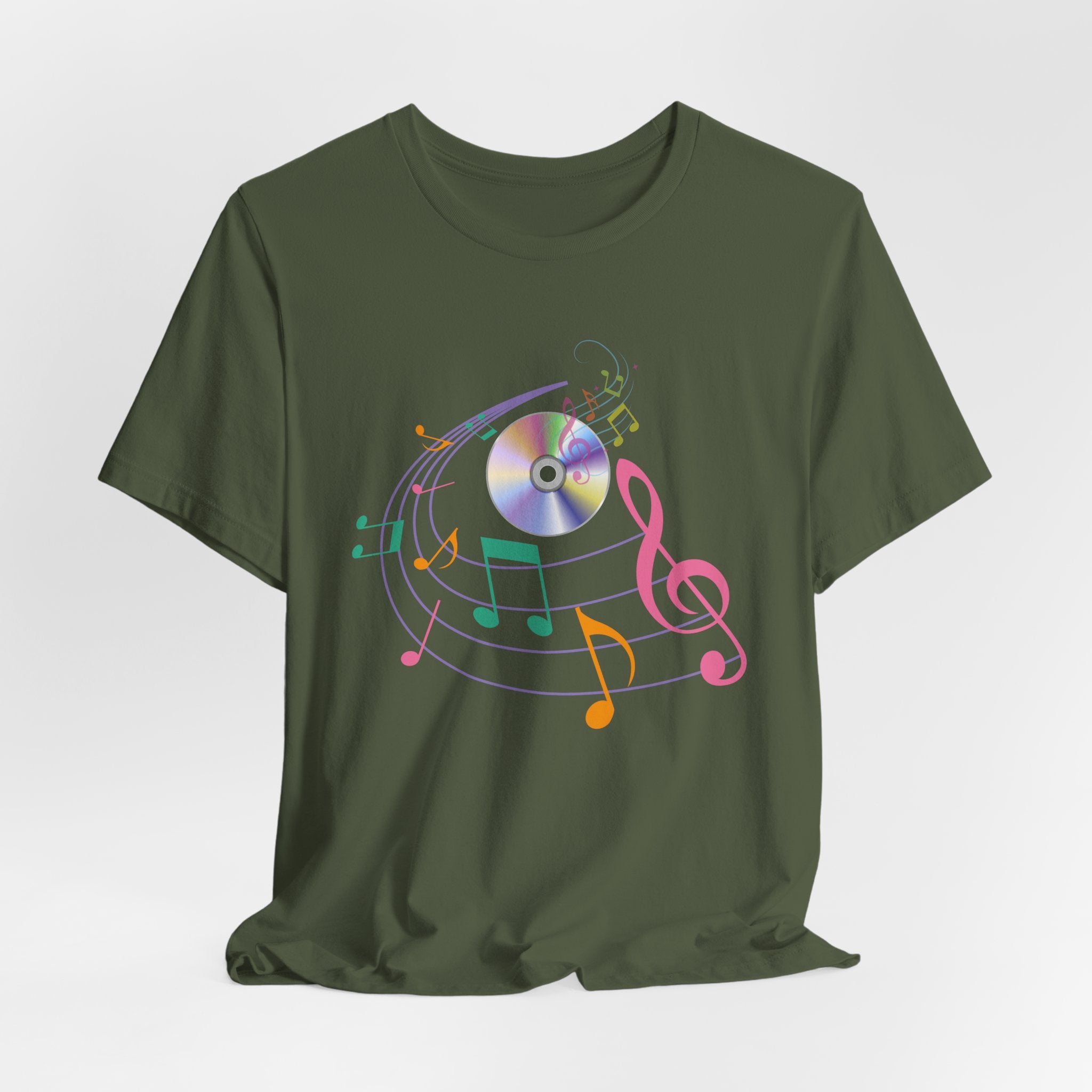 Military green t-shirt with CD and colorful music note design on a white background