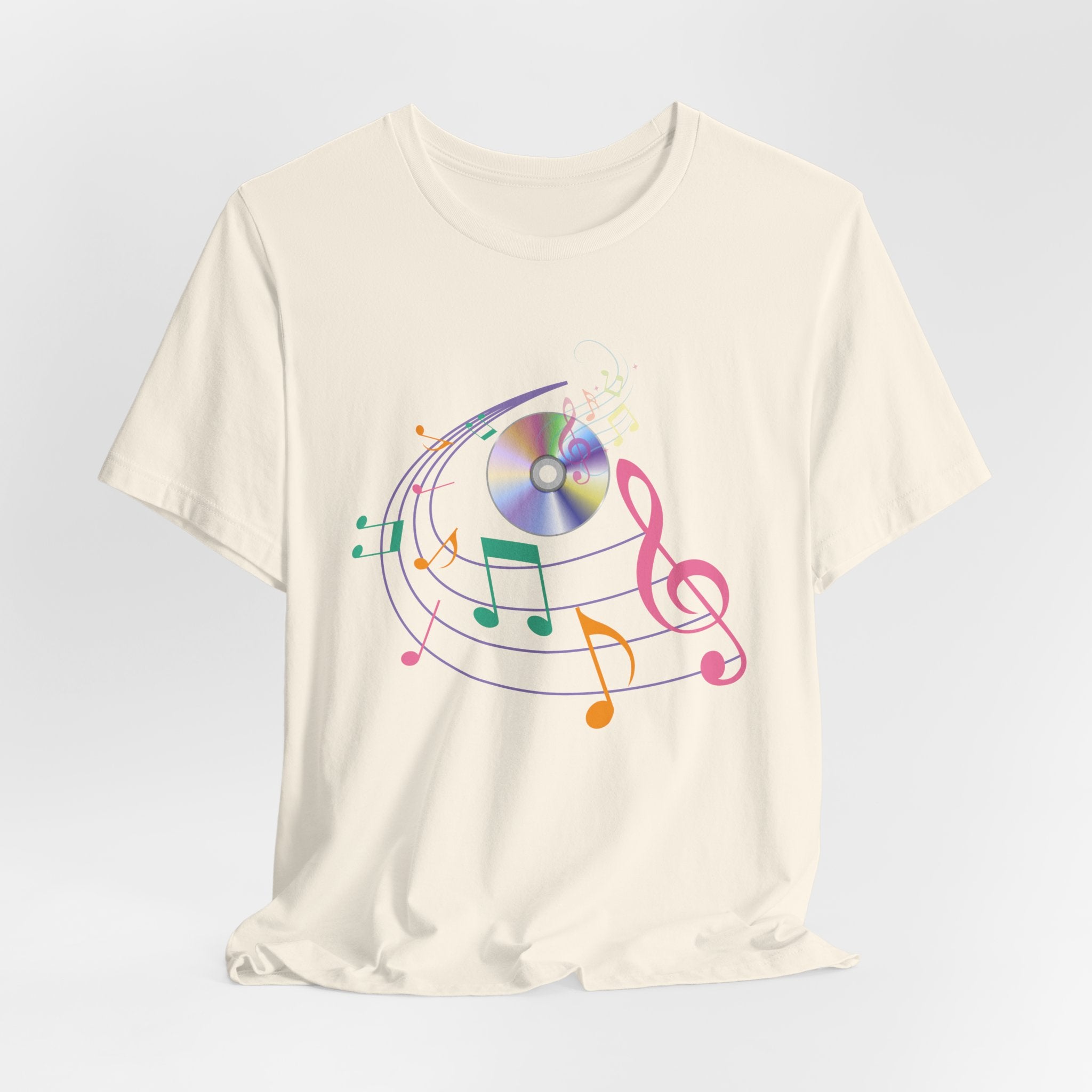 Natural ivory t-shirt with CD and colorful music note design on a white background
