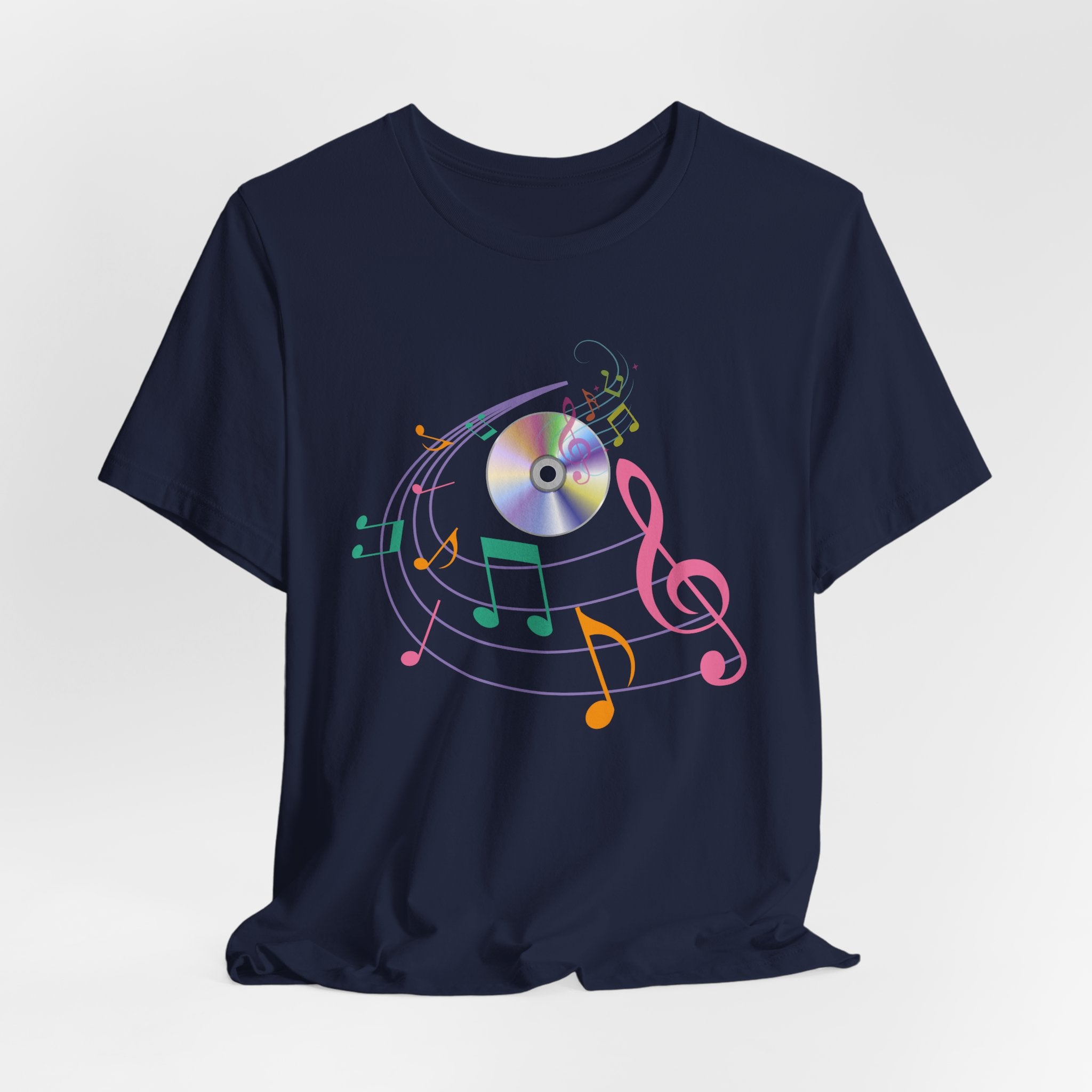 Navy blue t-shirt with CD and colorful music note design on a white background