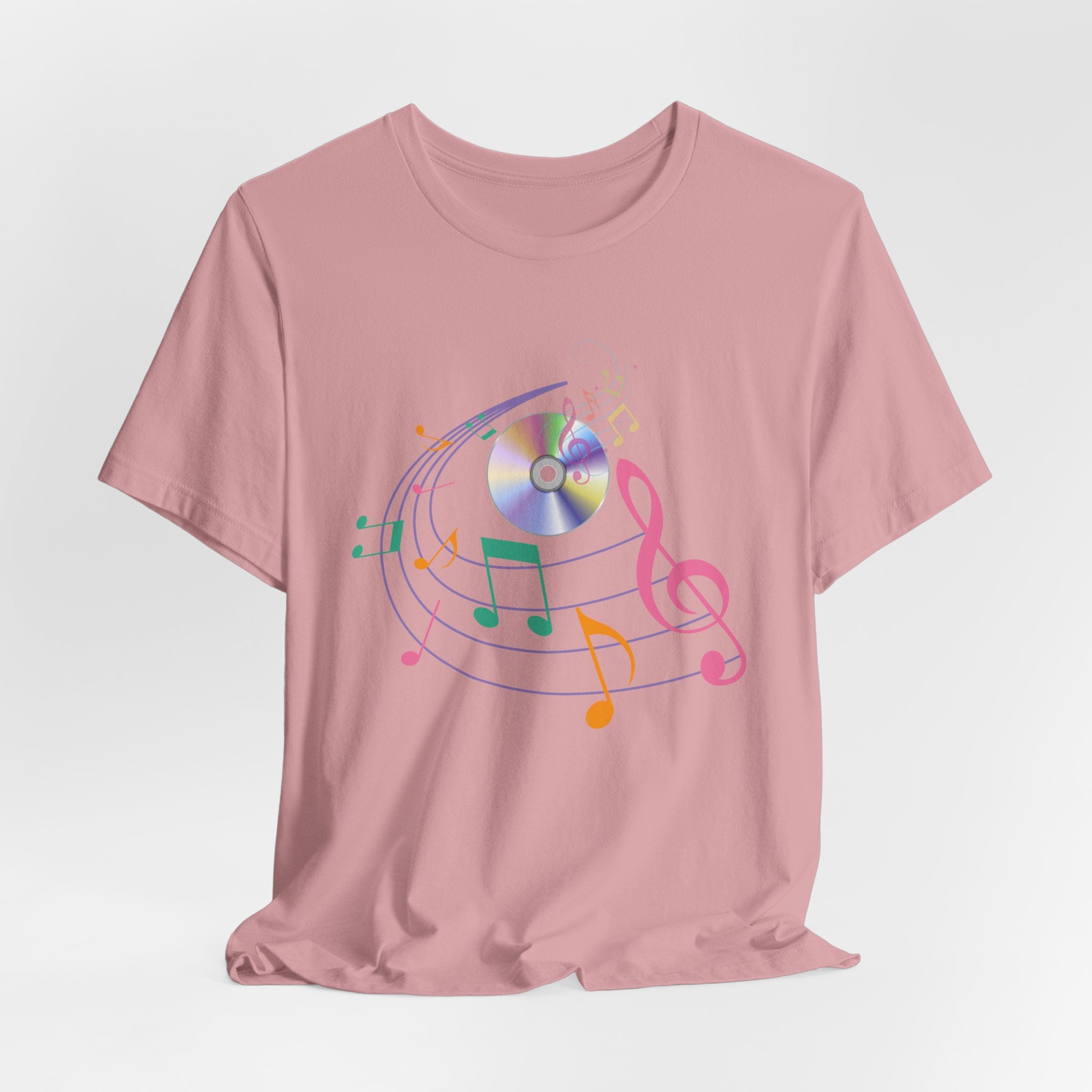 Orchid pink t-shirt with CD and colorful music note design on a white background