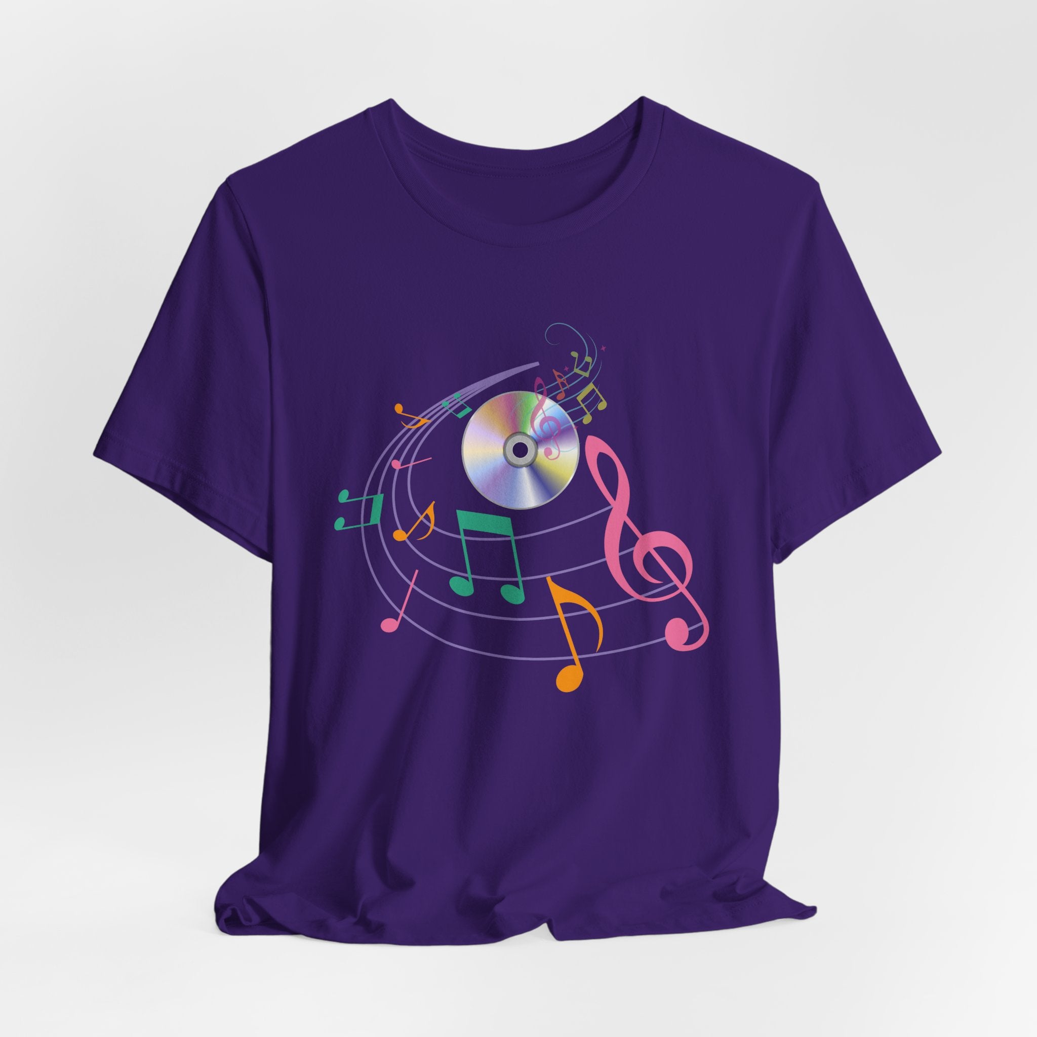 Purple t-shirt with CD and colorful music note design on a white background