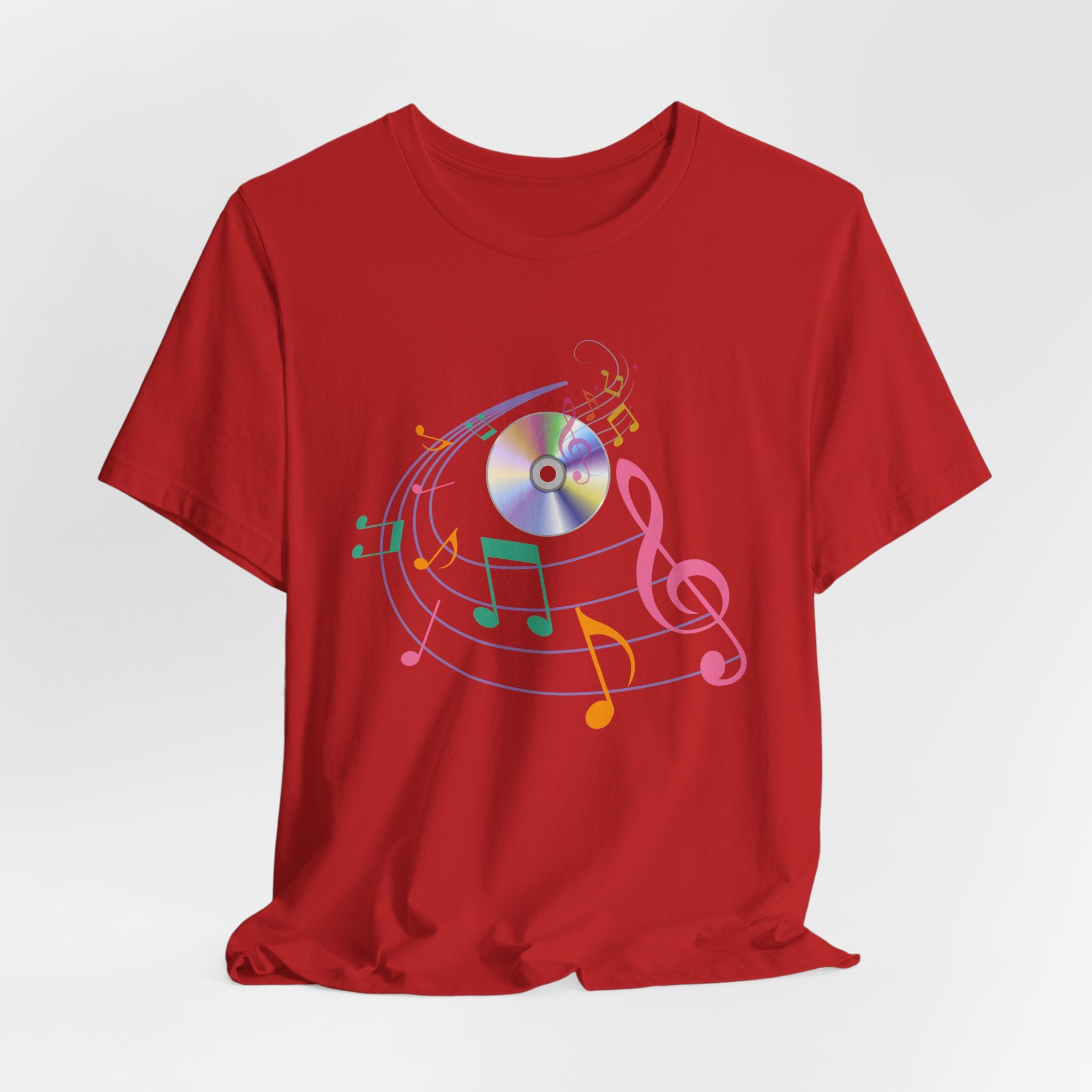 Red t-shirt with CD and colorful music note design on a white background