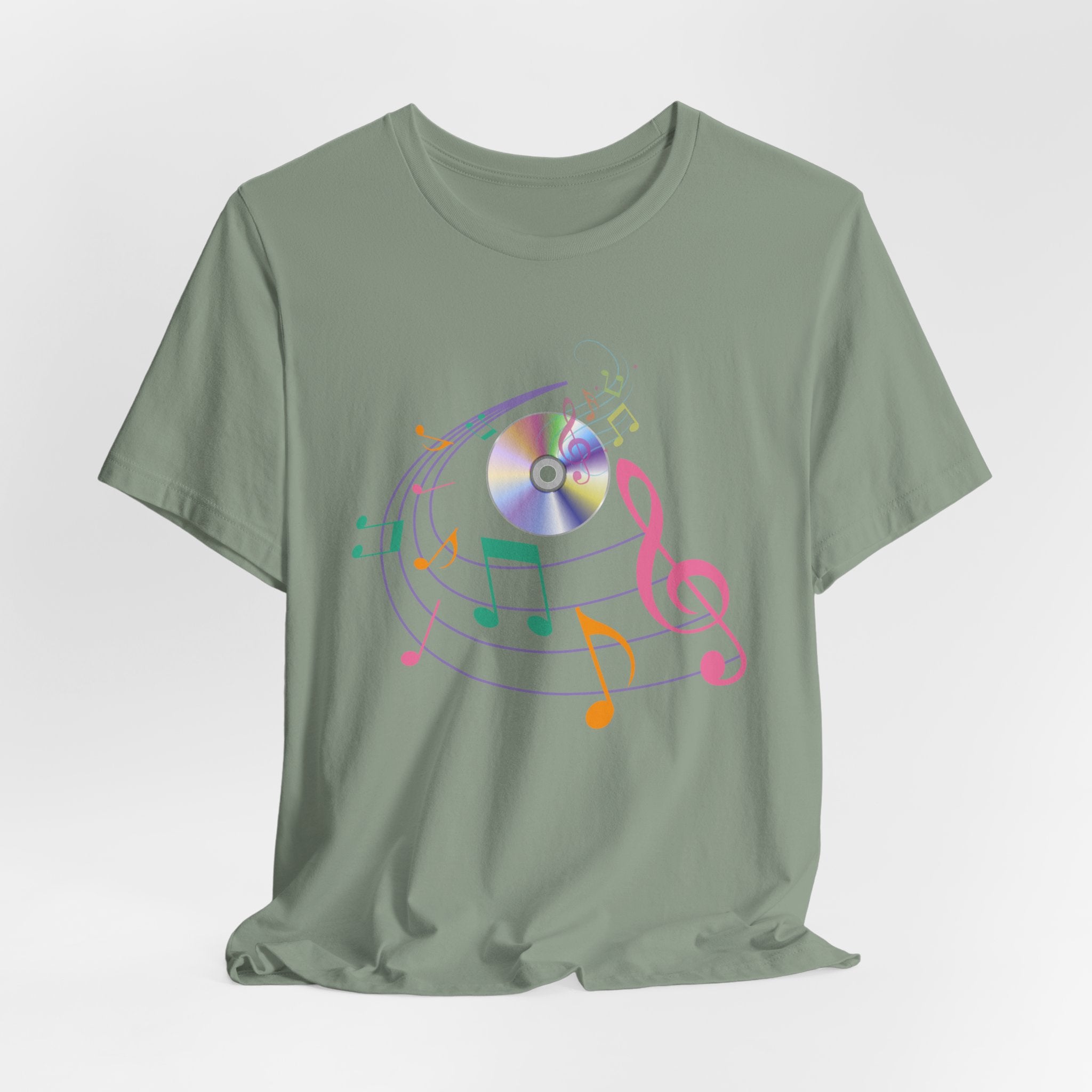 Sage green t-shirt with CD and colorful music note design on a white background