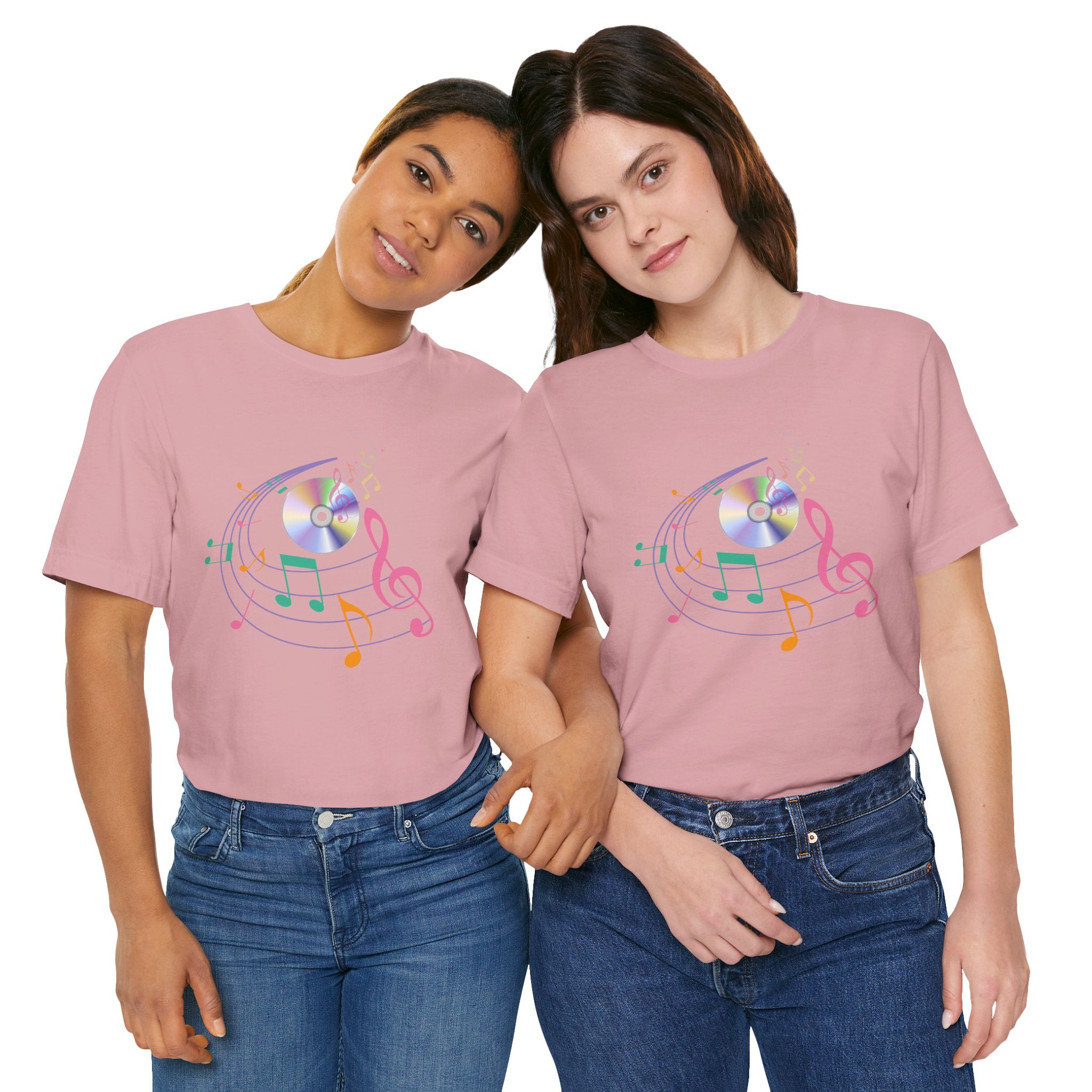 Two people wearing pink t-shirts with a colorful graphic design on a white background