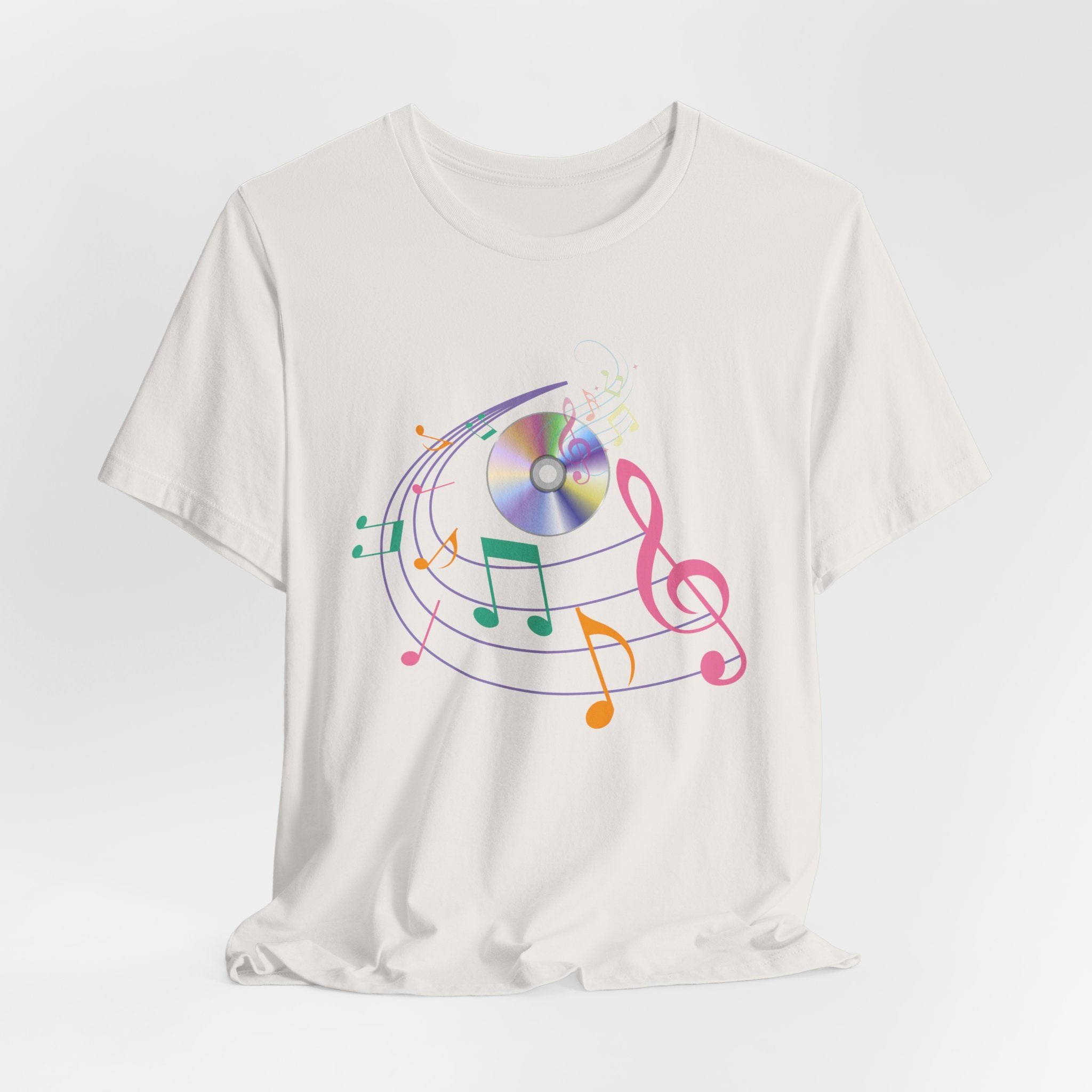 Vintage white t-shirt with CD and colorful music note design on a white background