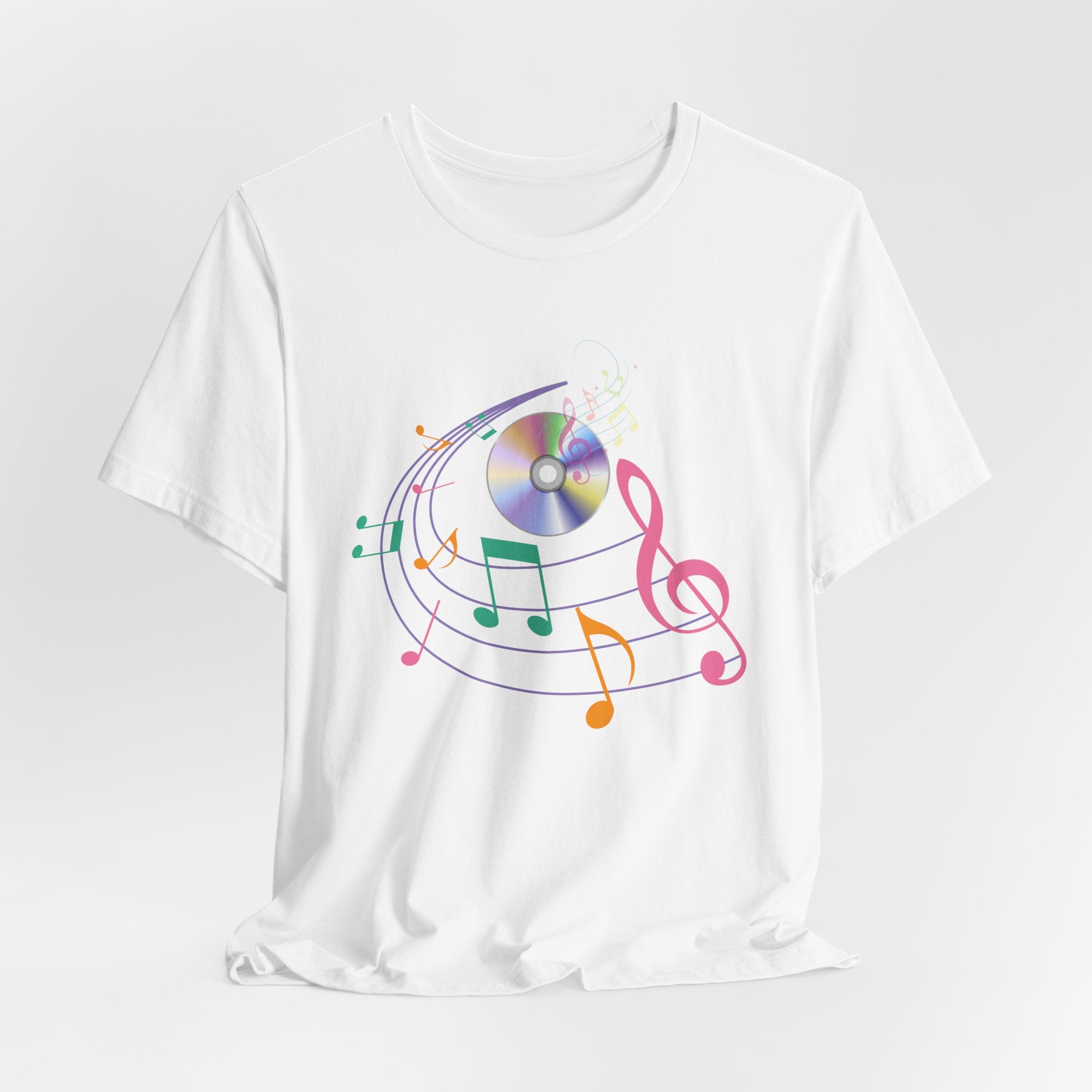 White t-shirt with CD and colorful music note design on a white background