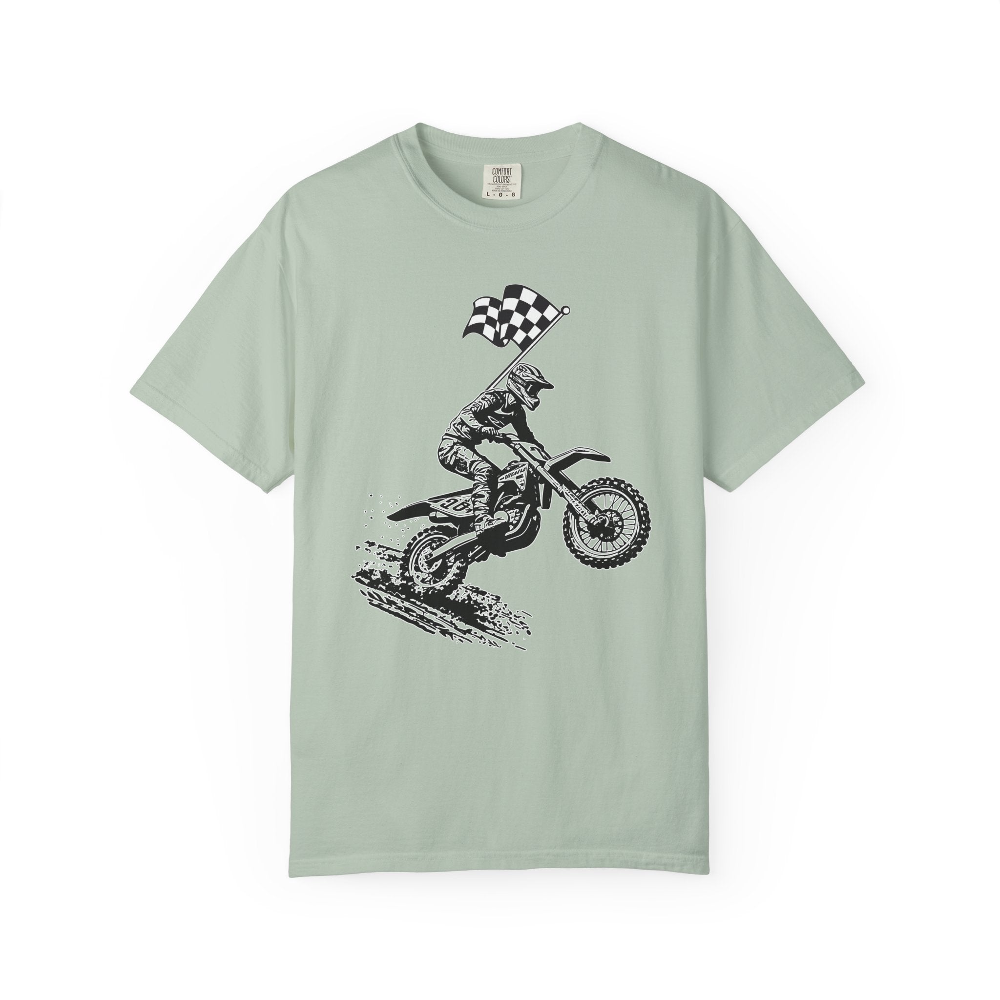 Bay light green t-shirt with a vintage graphic of a motocross rider and flag on a white background