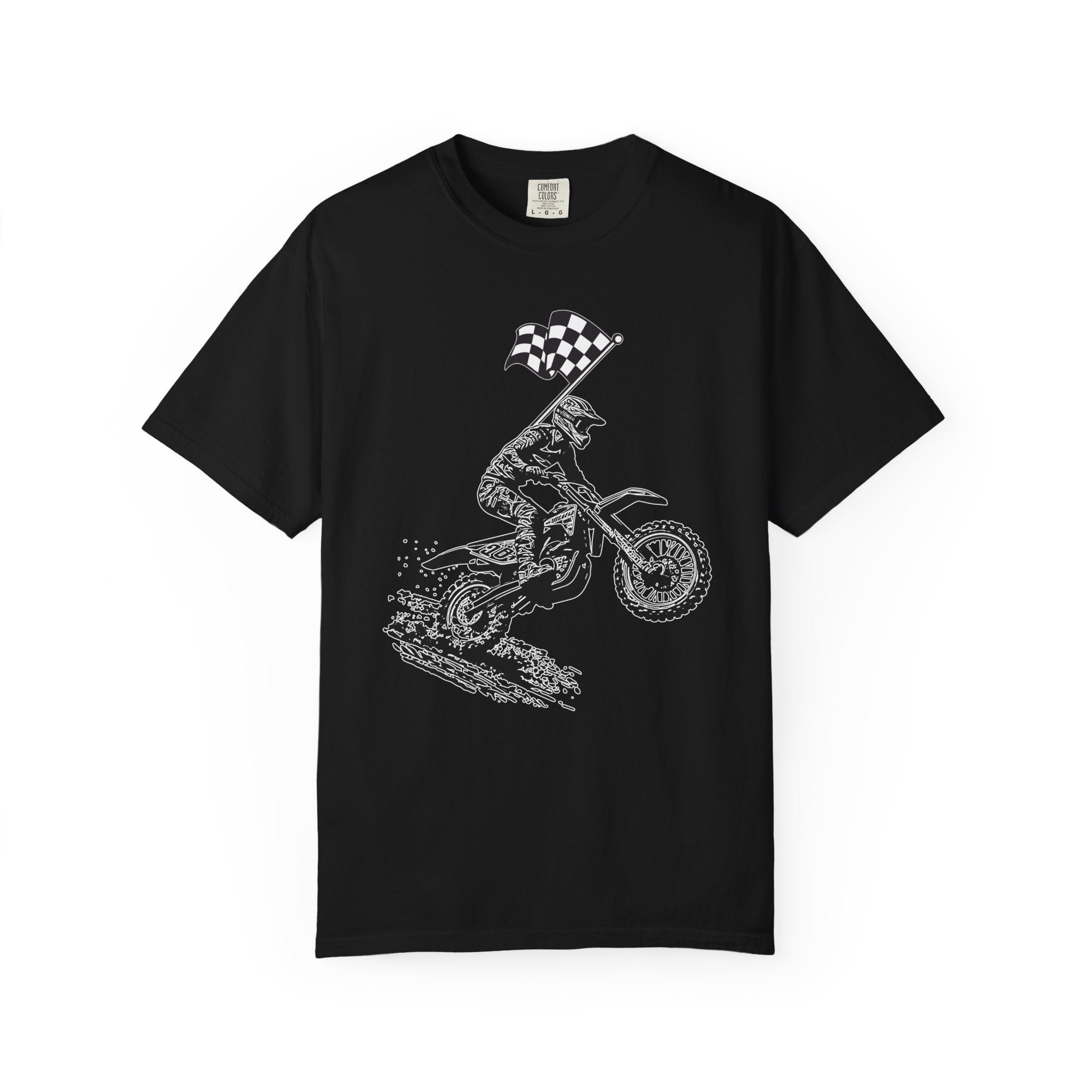 Black t-shirt with a vintage graphic of a motocross rider and flag on a white background