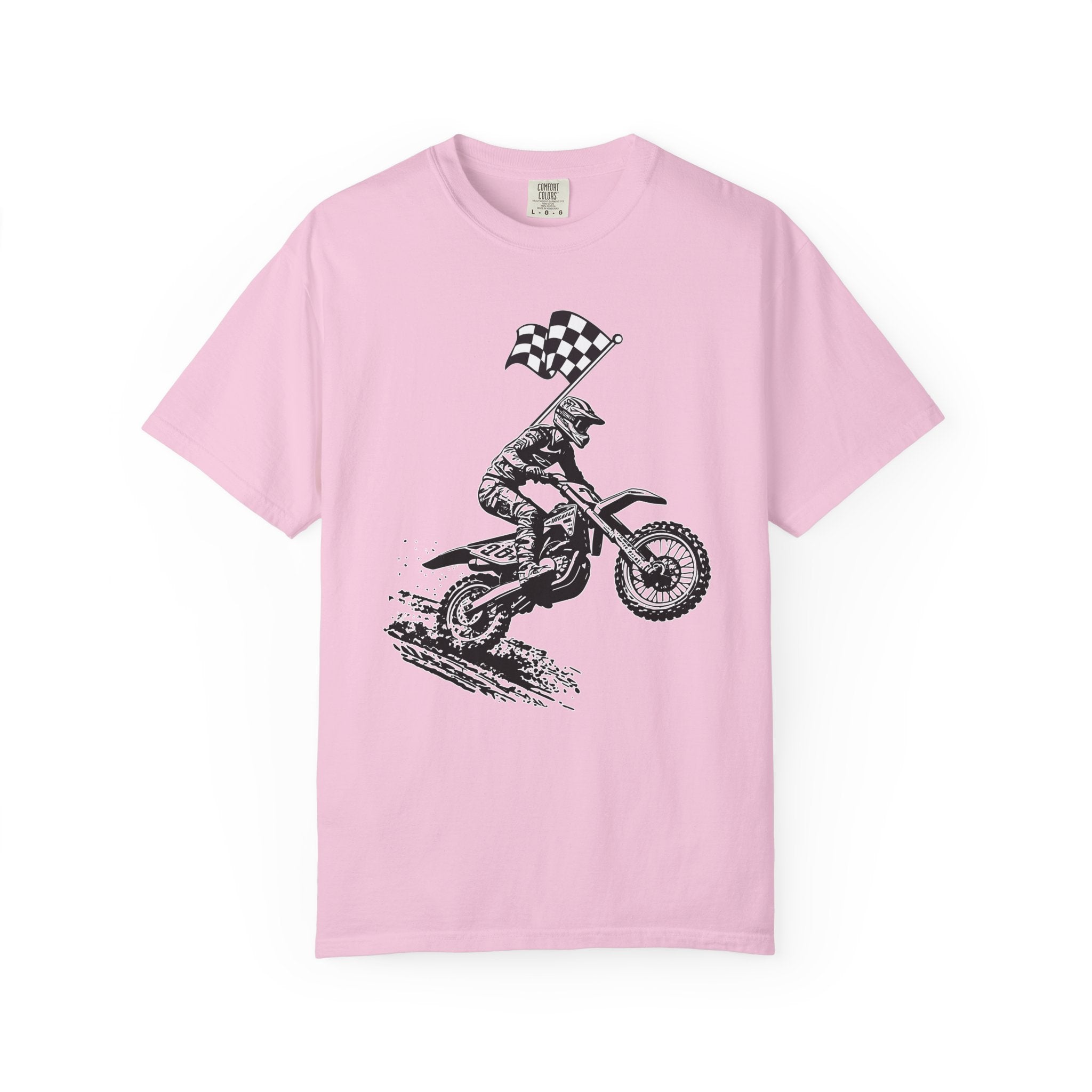Blossom pink t-shirt with a vintage graphic of a motocross rider and flag on a white background