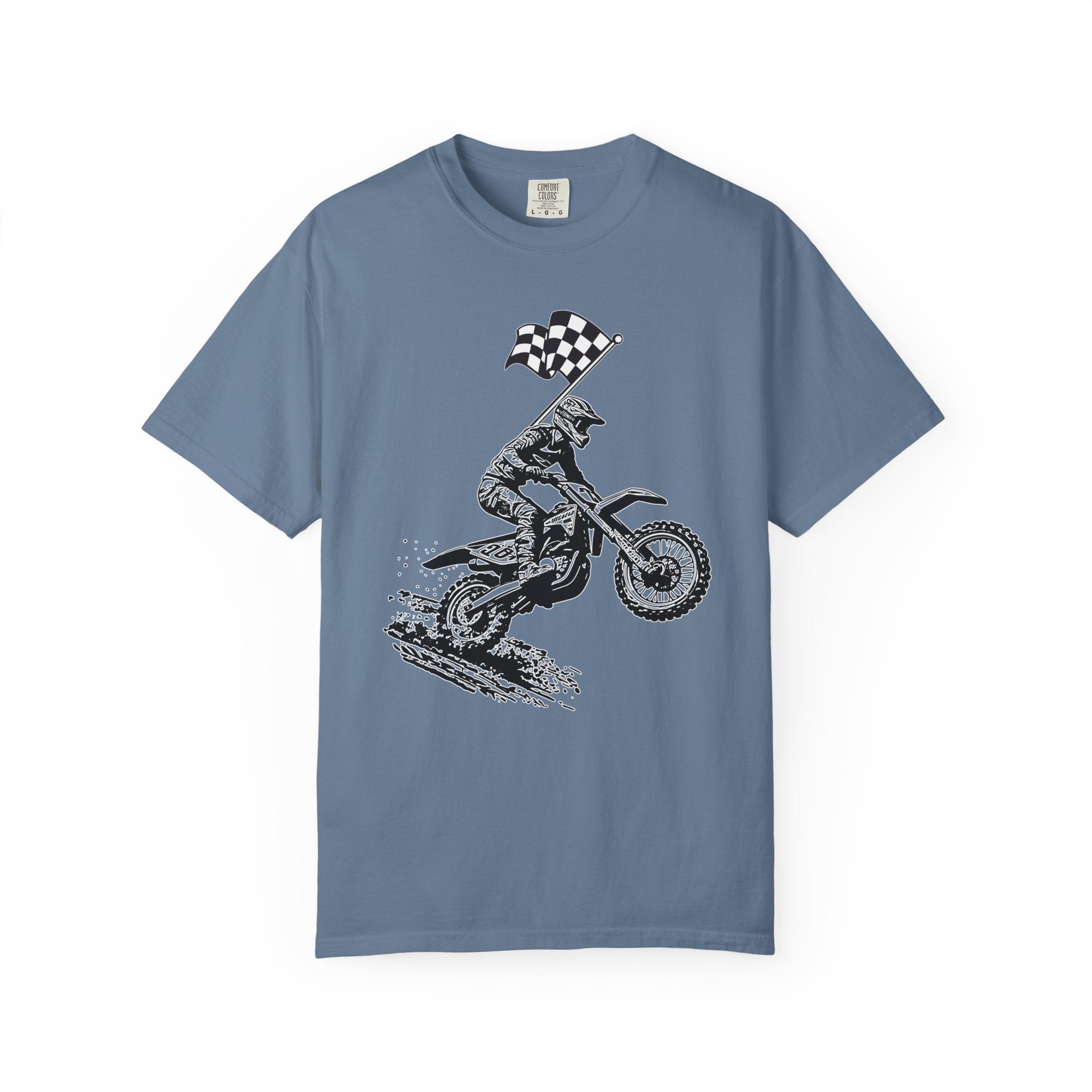 Blue jean t-shirt with a vintage graphic of a motocross rider and flag on a white background