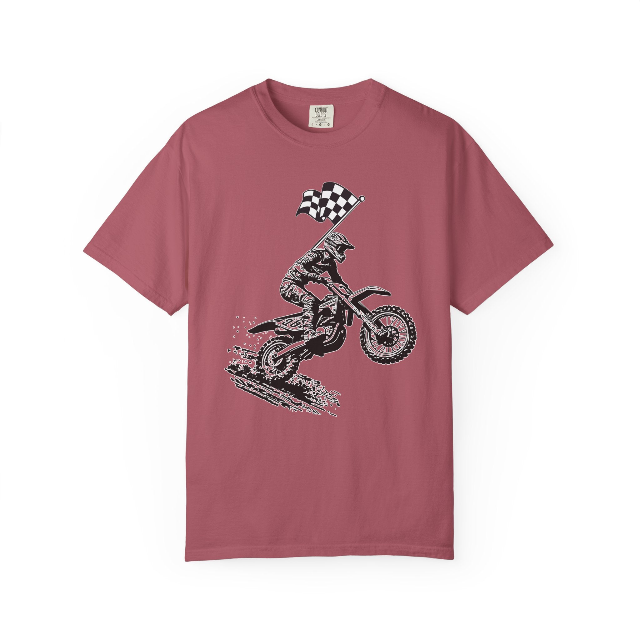 Crimson maroon t-shirt with a vintage graphic of a motocross rider and flag on a white background