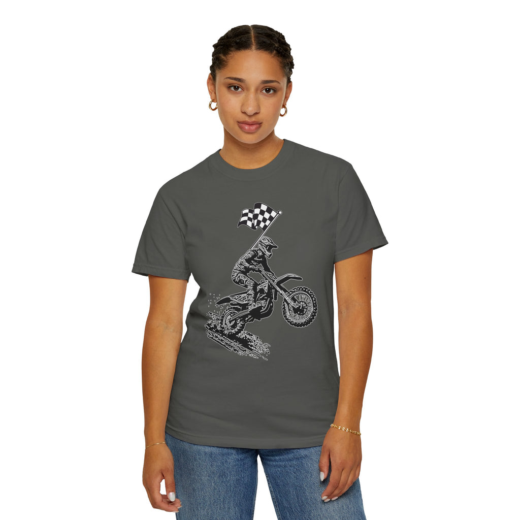Person wearing a gray t-shirt with a graphic design of a person on a motorcycle and a checkered flag.