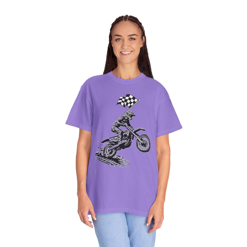Person wearing a purple t-shirt with a graphic design on a white background