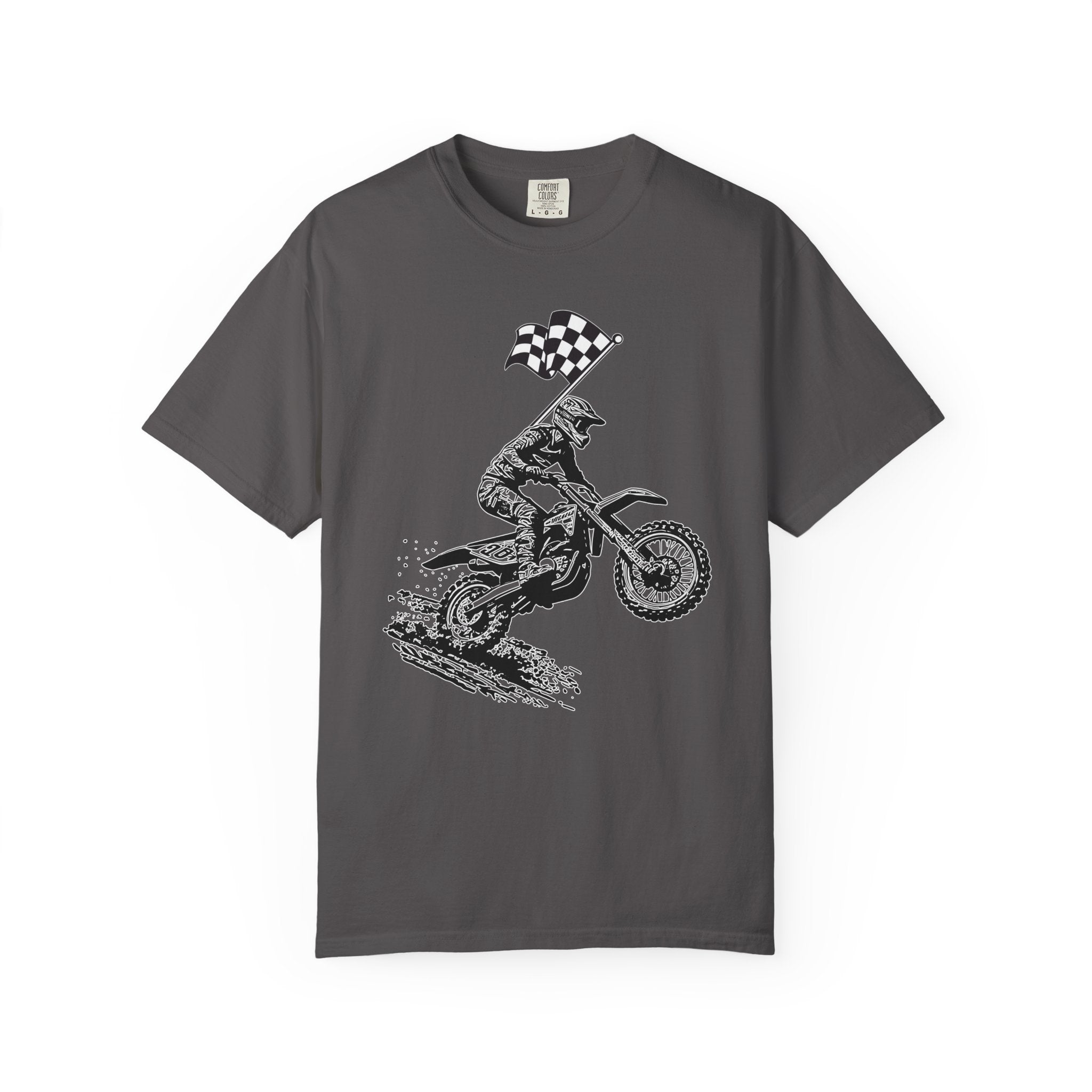 Graphite gray t-shirt with a vintage graphic of a motocross rider and flag on a white background