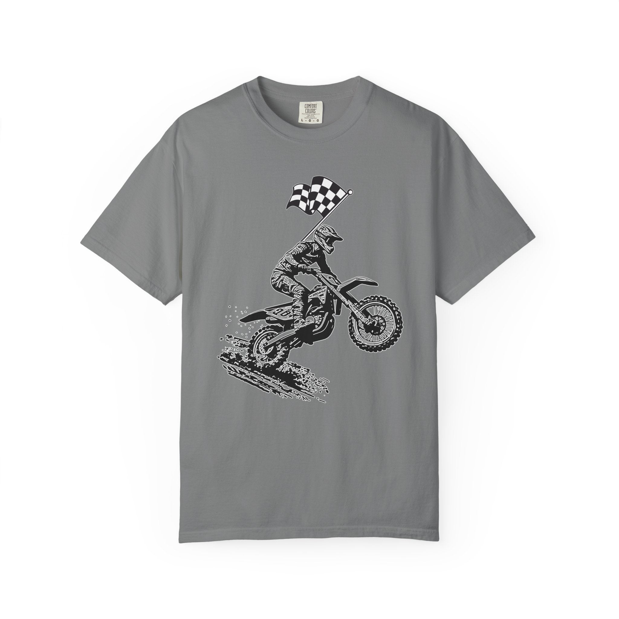 Gray t-shirt with a vintage graphic of a motocross rider and flag on a white background