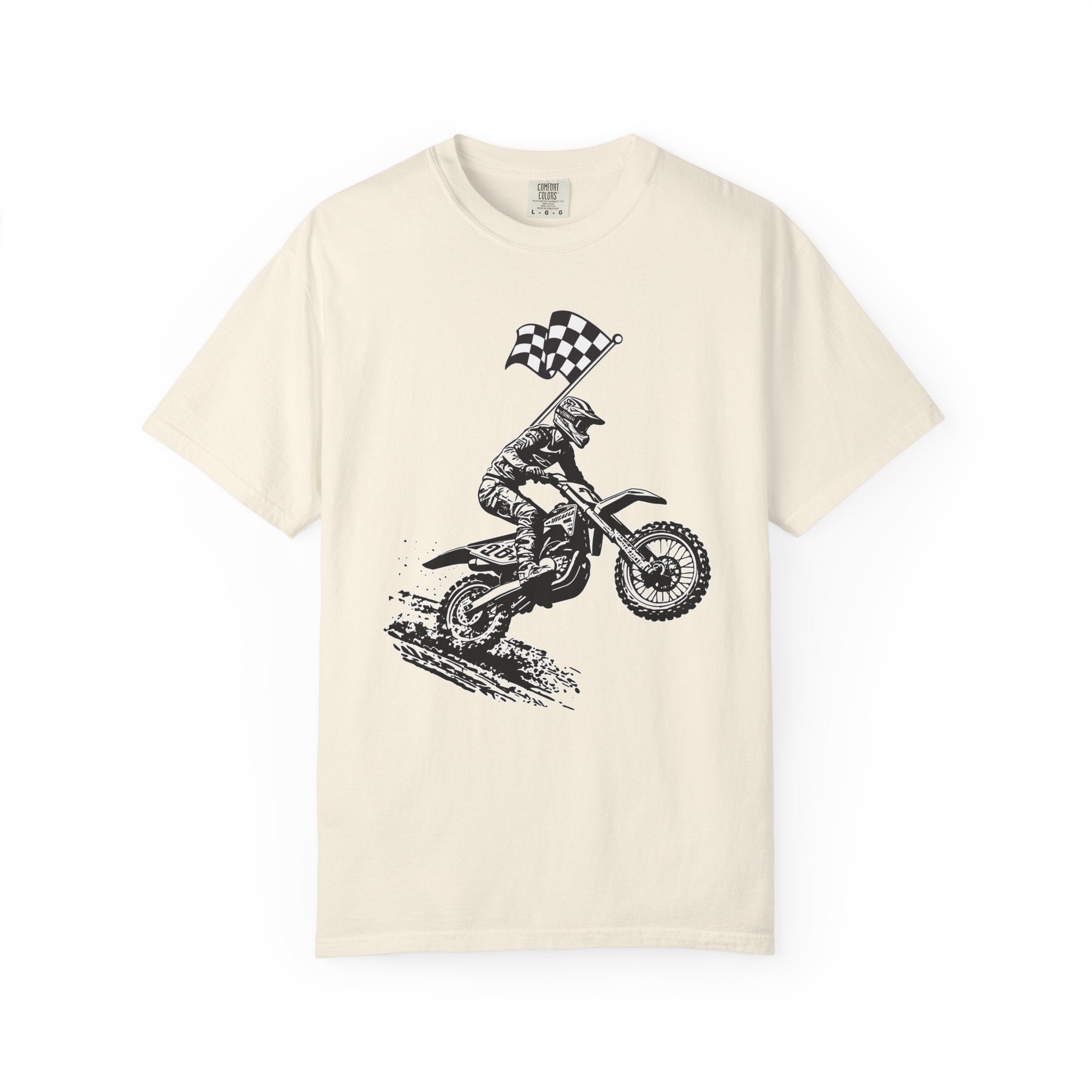 Ivory beige t-shirt with a vintage graphic of a motocross rider and flag on a white background
