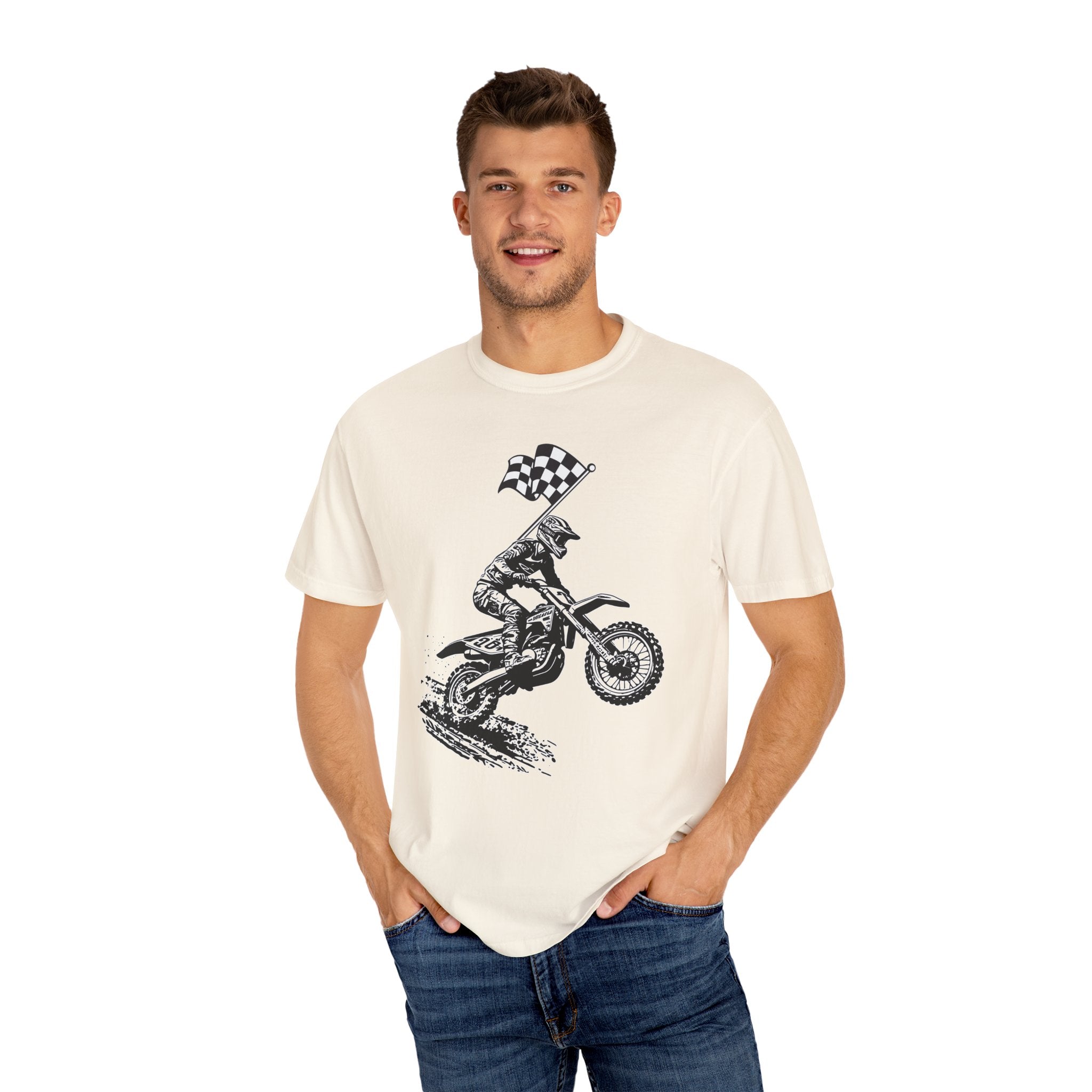 Man wearing a white t-shirt with a graphic of a motocross rider and checkered flag on a white background