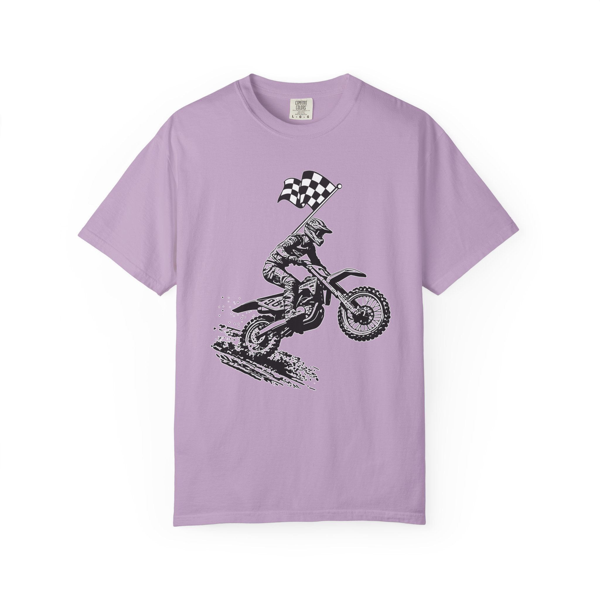 Orchid purple t-shirt with a vintage graphic of a motocross rider and flag on a white background