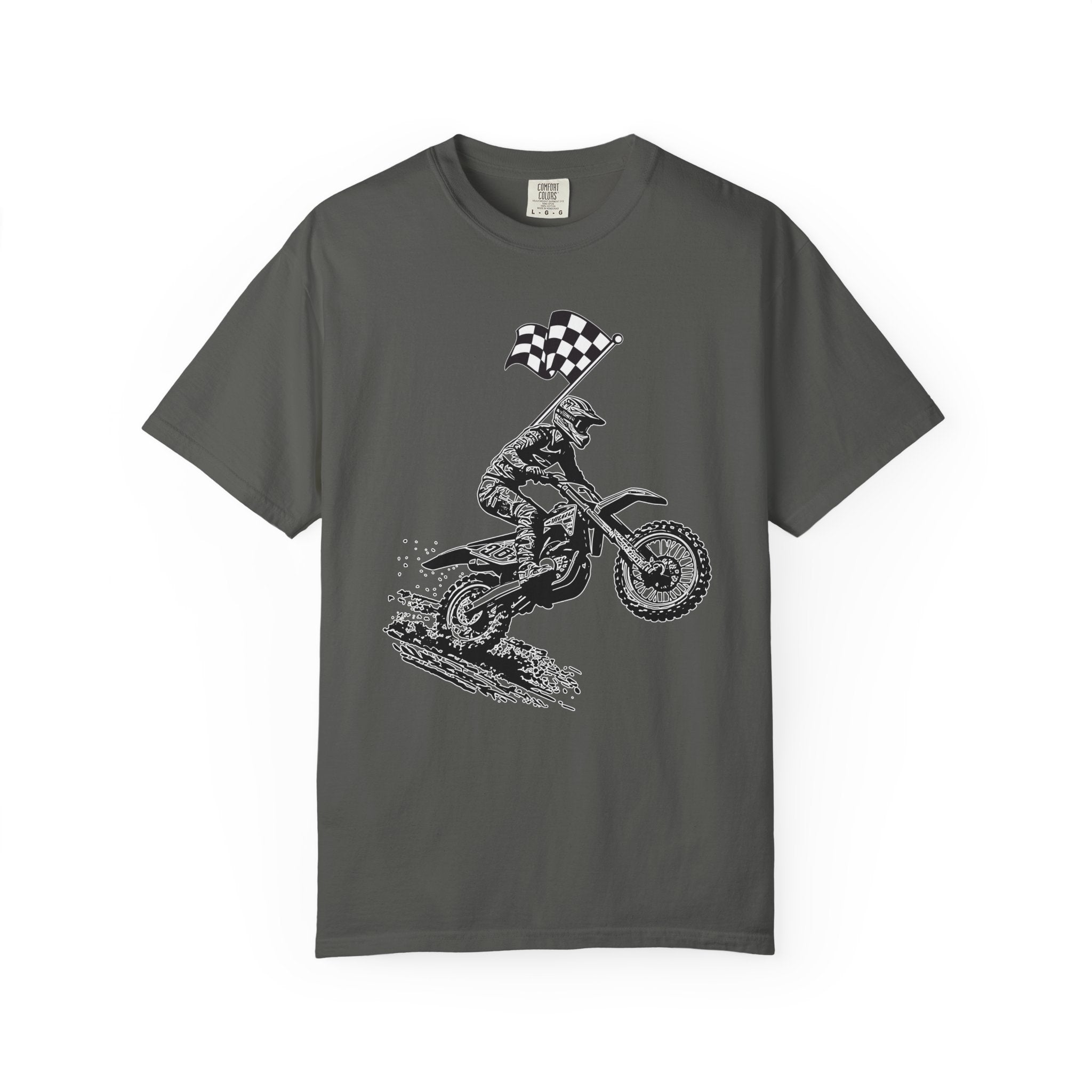 Pepper gray t-shirt with a vintage graphic of a motocross rider and flag on a white background