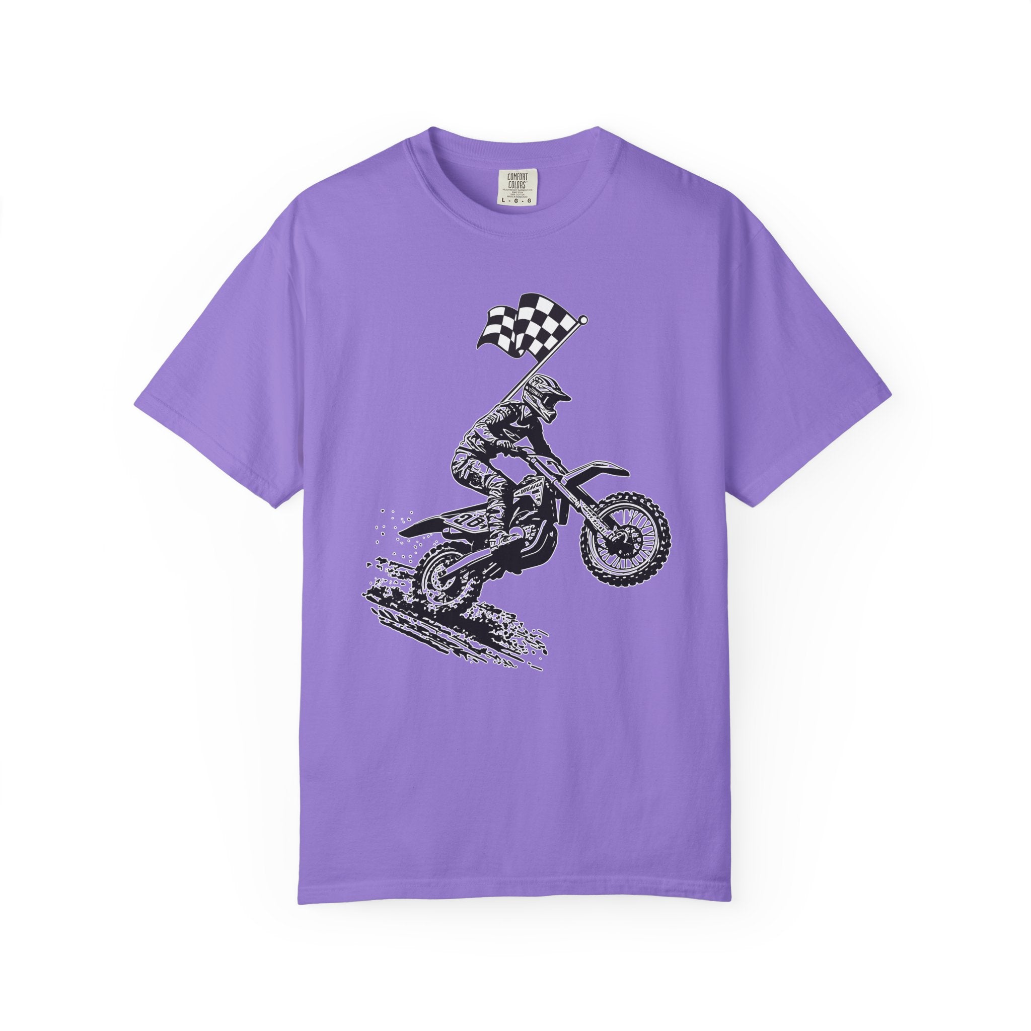 Purple t-shirt with a vintage graphic of a motocross rider and flag on a white background