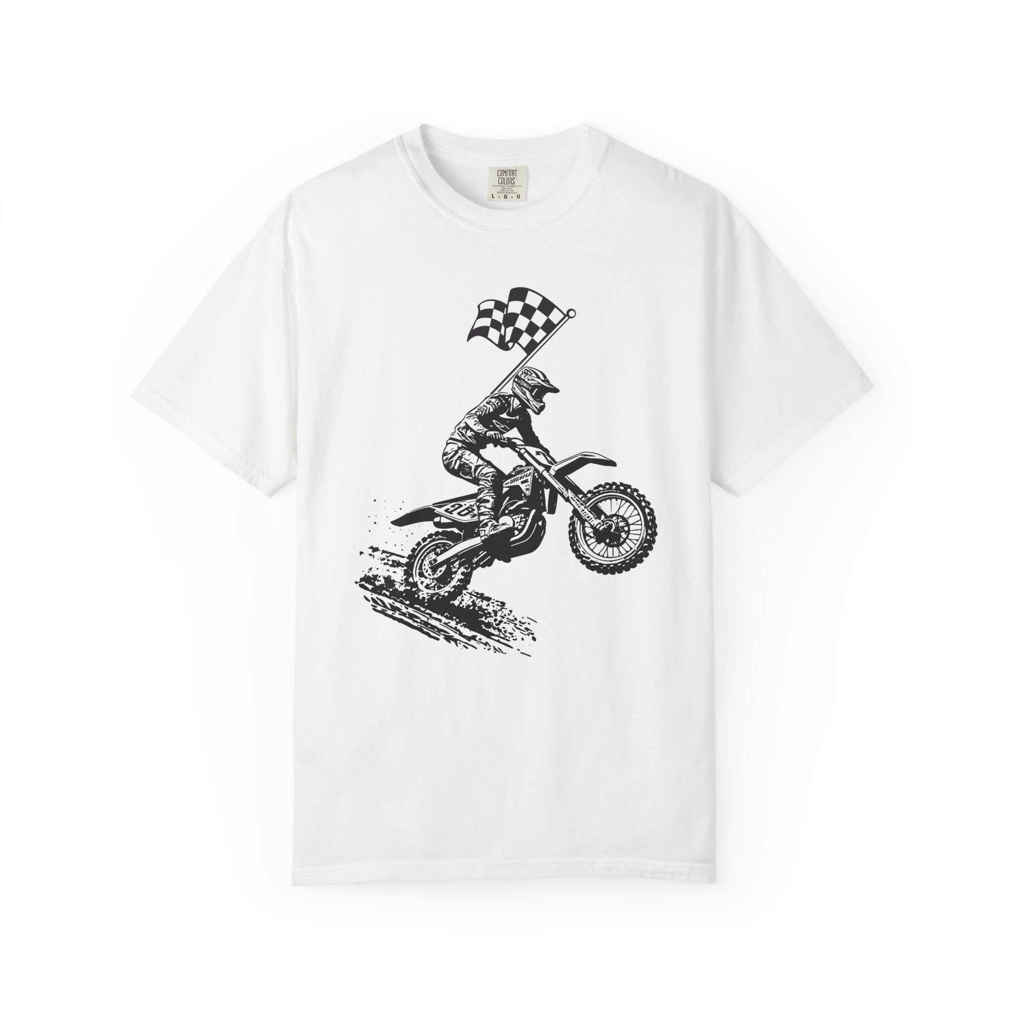White t-shirt with a vintage graphic of a motocross rider and flag on a white background