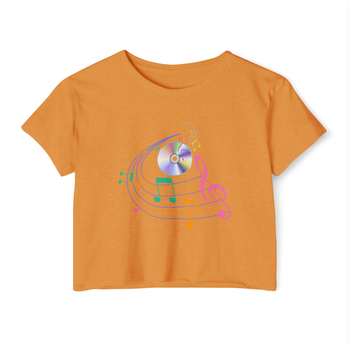 Antique gold orange t-shirt with music-themed design on a white background