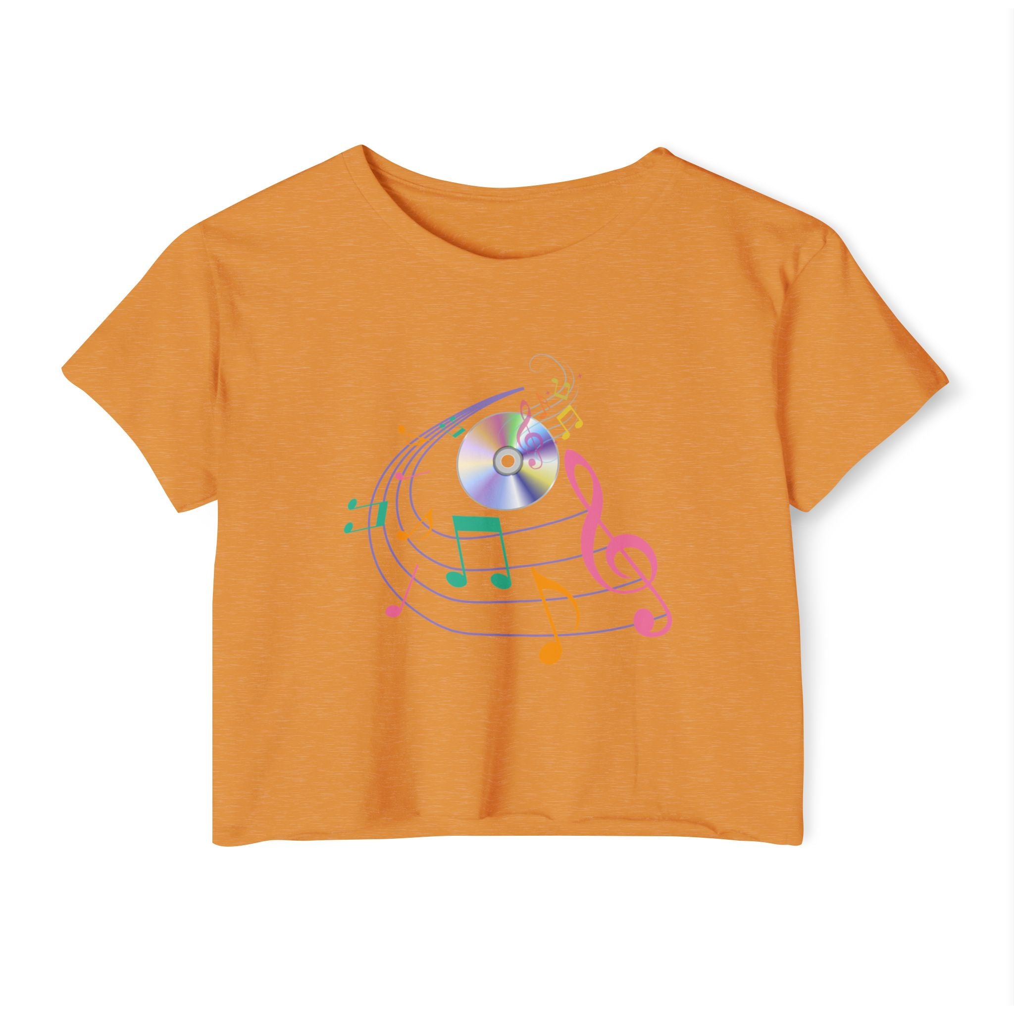 Antique gold orange t-shirt with music-themed design on a white background