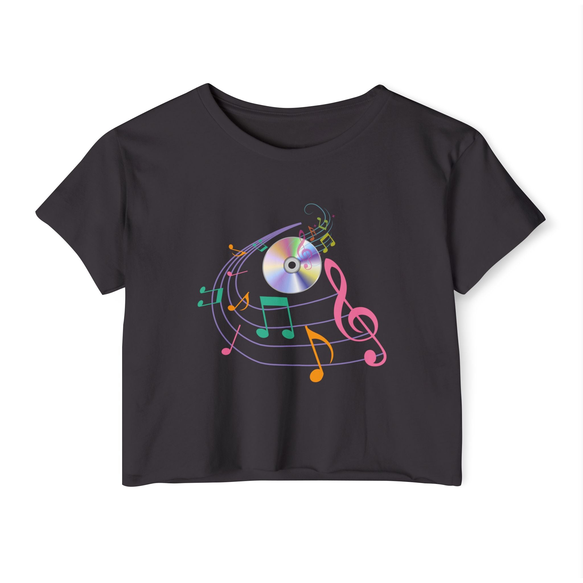 Black t-shirt with colorful music notes and a CD on a white background