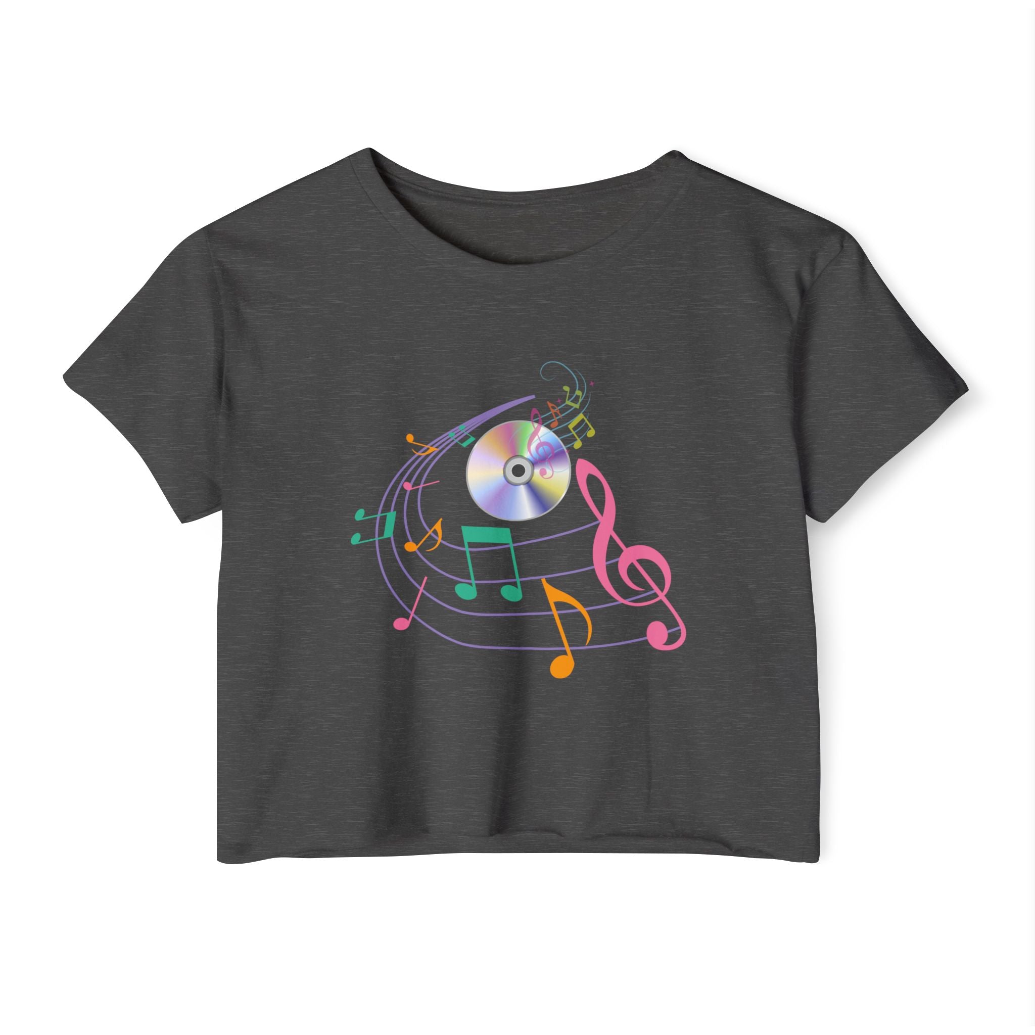 Charcoal gray t-shirt with colorful music notes and a CD on a white background