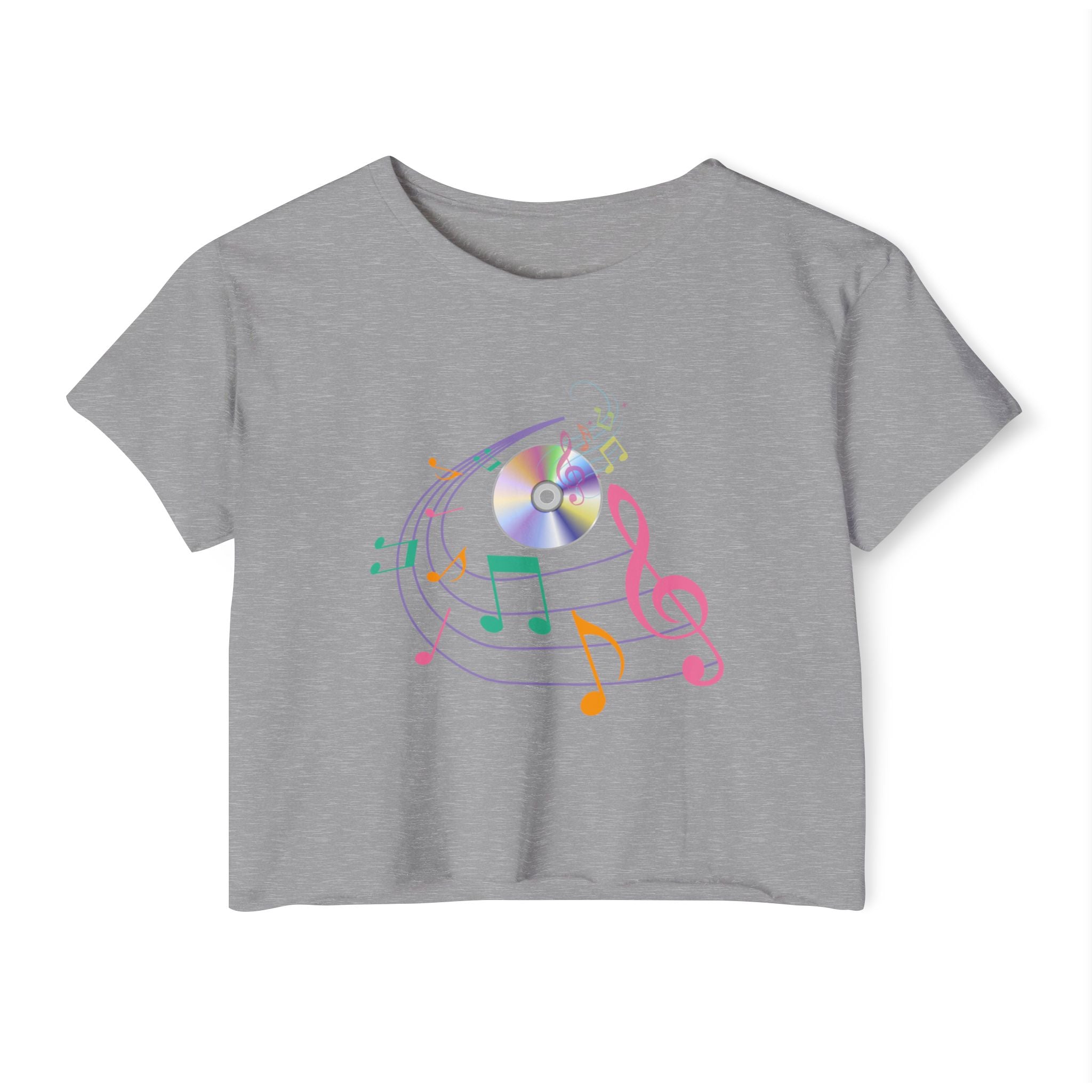 Gray t-shirt with a colorful music-themed design on a white background