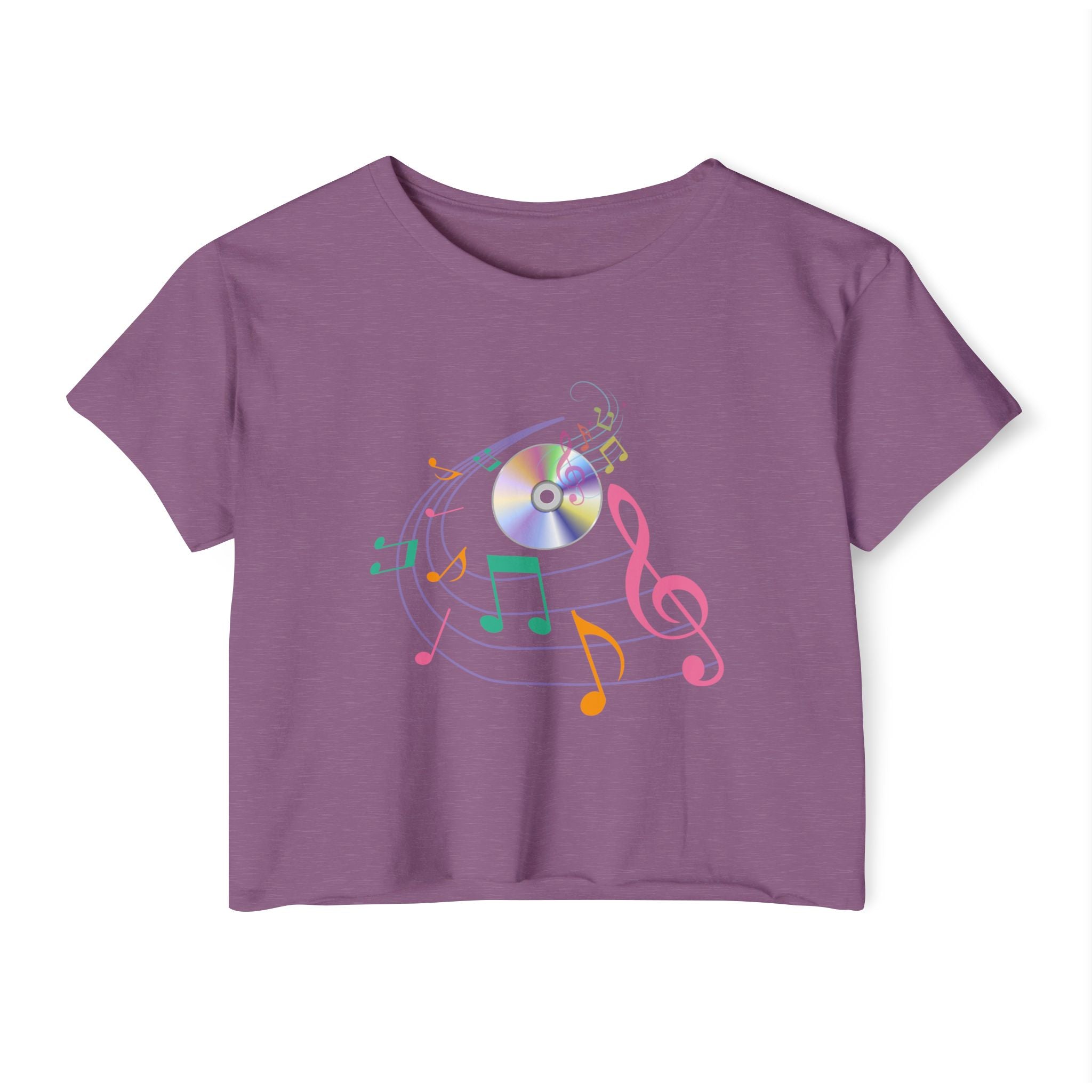 Shiraz purple t-shirt with colorful music note design on a white background
