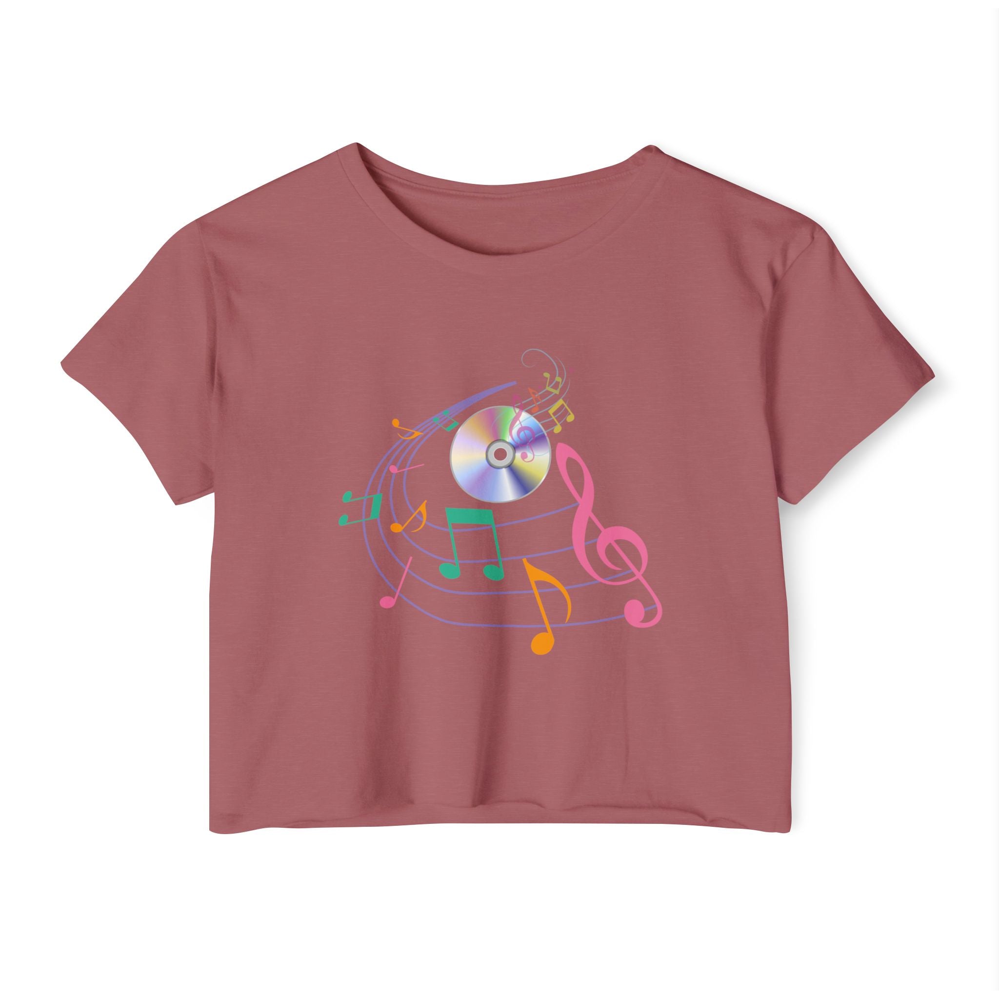 Smoked paprika t-shirt with colorful music notes and a CD on a white background