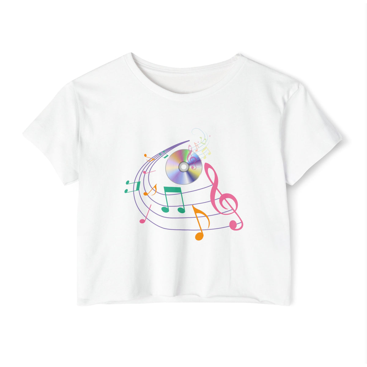 White t-shirt with colorful music note design on a white background