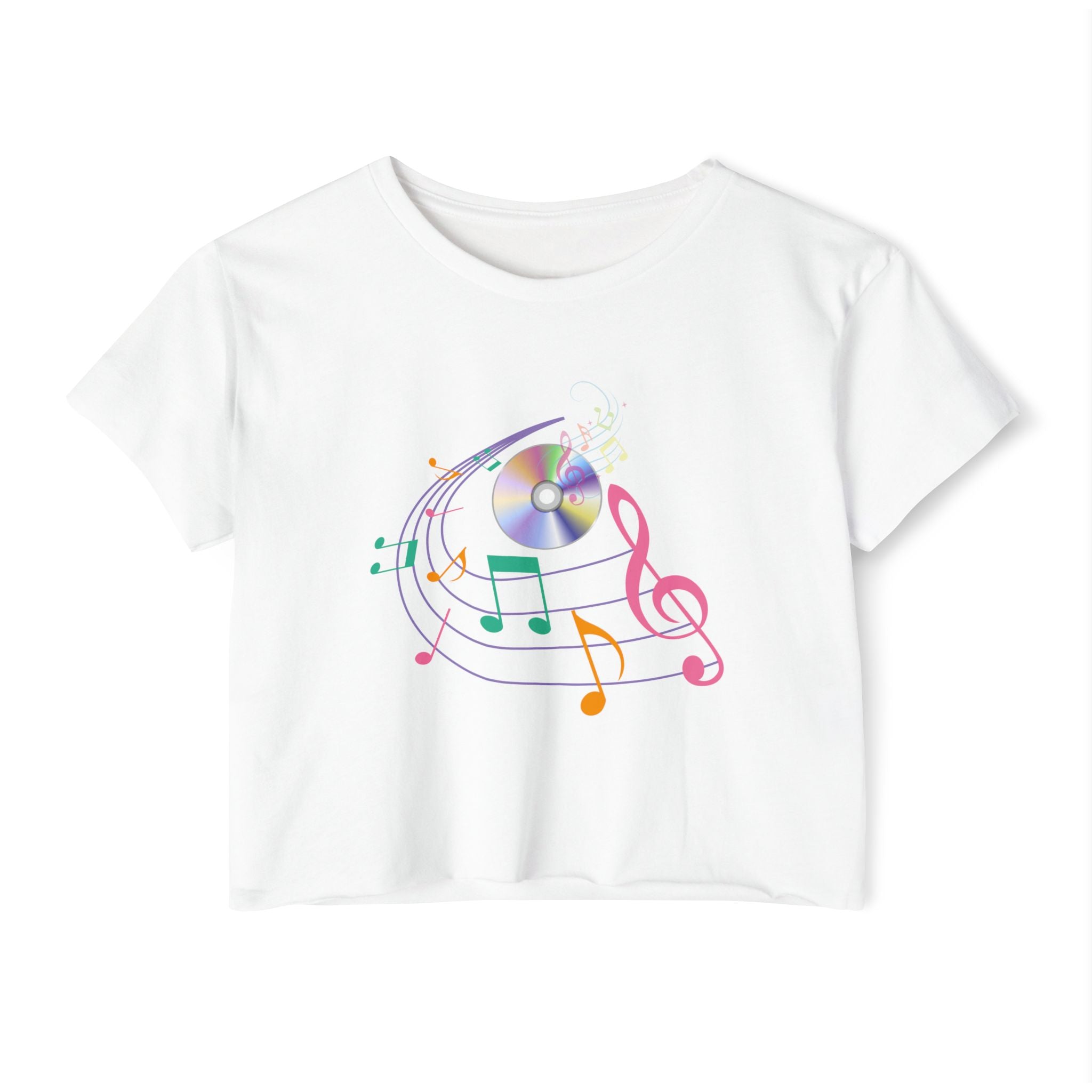 White t-shirt with colorful music note design on a white background
