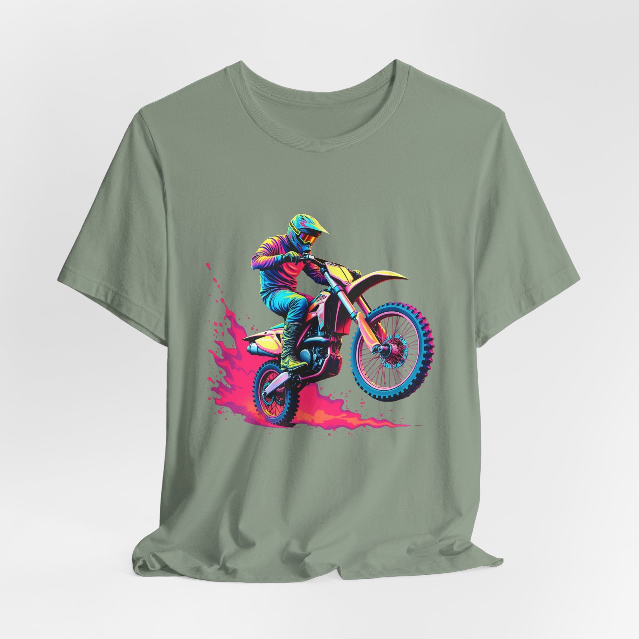 Sage green t-shirt with a colorful graphic of a motocross rider on a bike.