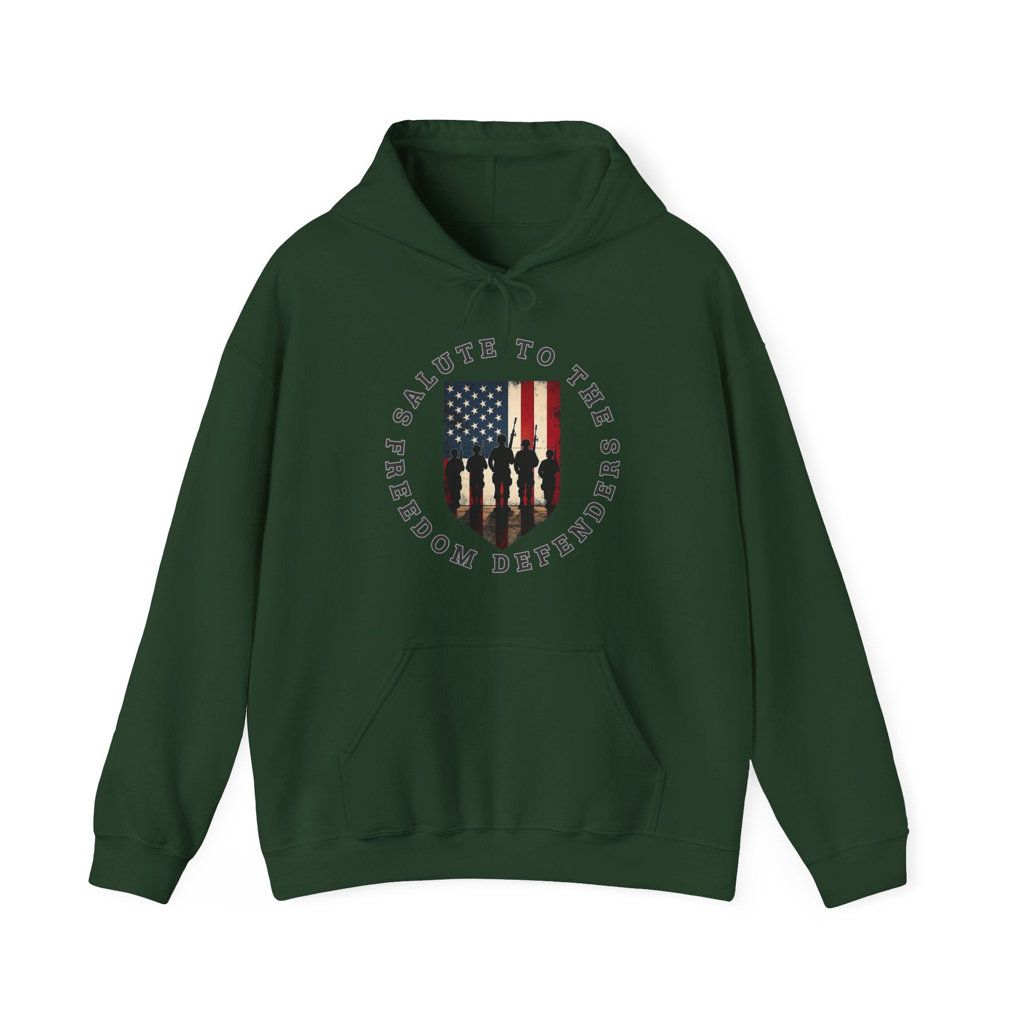 Forest green hoodie with a graphic design of vintage USA flag with soldiers and "salute to the freedom defenders" text on a white background